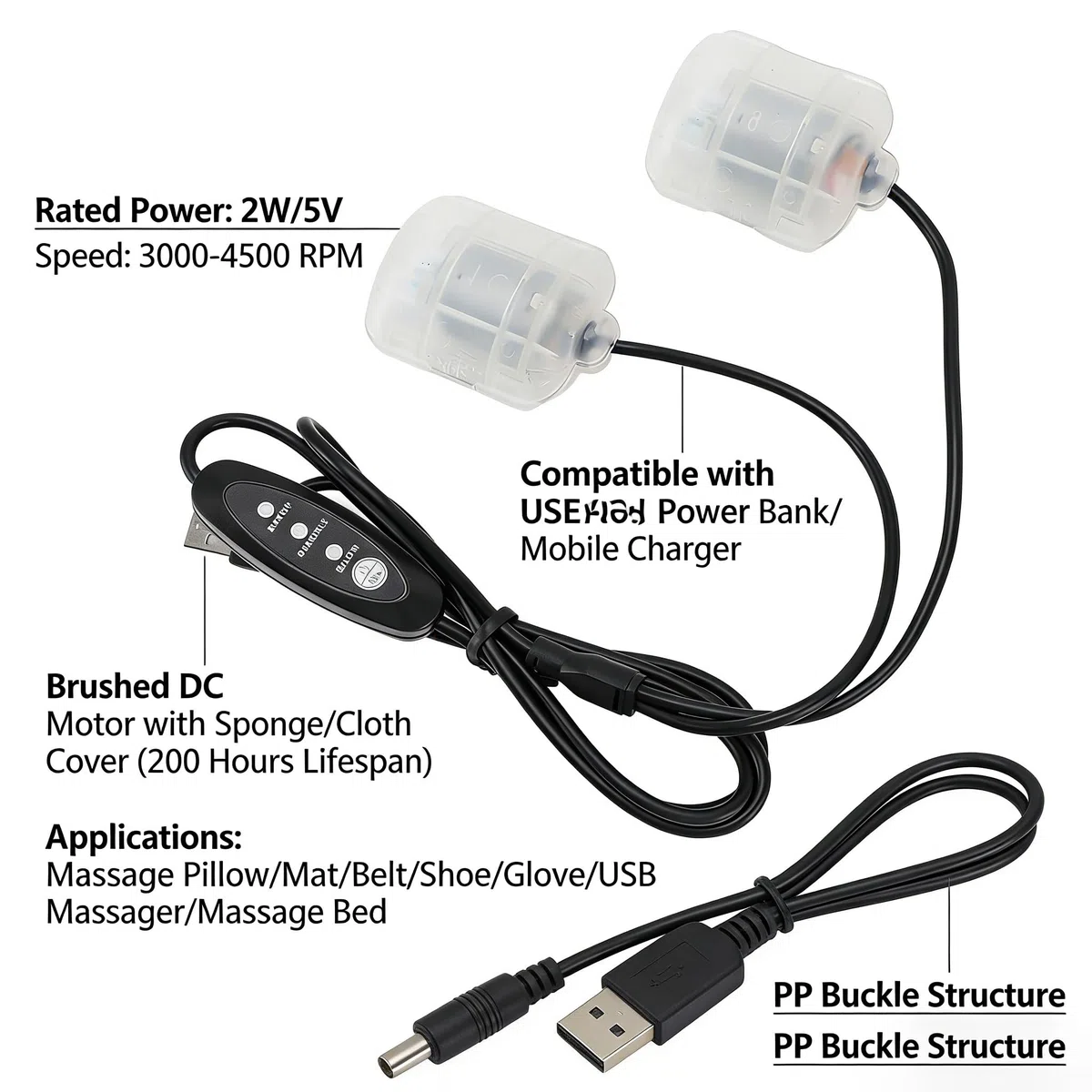 Hyuduo Moteur Vibrant USB 3 Vitesses pour Coussin Massage et Support Lombaire - Moteur Vibrant 5 V avec Câble 1,1 m Compatible Batterie Externe et Port USB