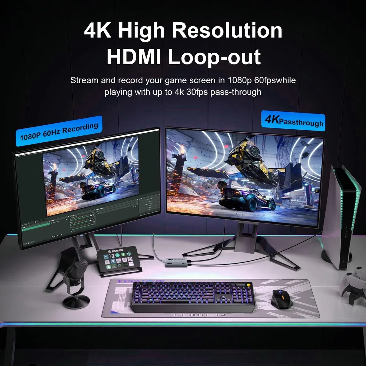 carte de capture vidéo HDMI 4K, audio et USB 3.0 4K HDMI Loop-Out, 1080P 60FPS/2K 30FPS Vidéo de Jeu pour Streaming Fonctionne pour PS5/Switch/Caméra/PC/OBS