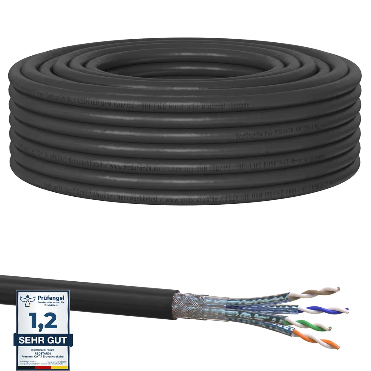 RedStar24 Câble de Réseau Extérieur CAT 7 20m - Câble Ethernet CAT7 Gigabit S/FTP, Cuivre, 1000MHz, Câble d'installation Outdoor PIMF POE 10Gbit LAN, AWG 23/1, Noir, Résistant aux UV