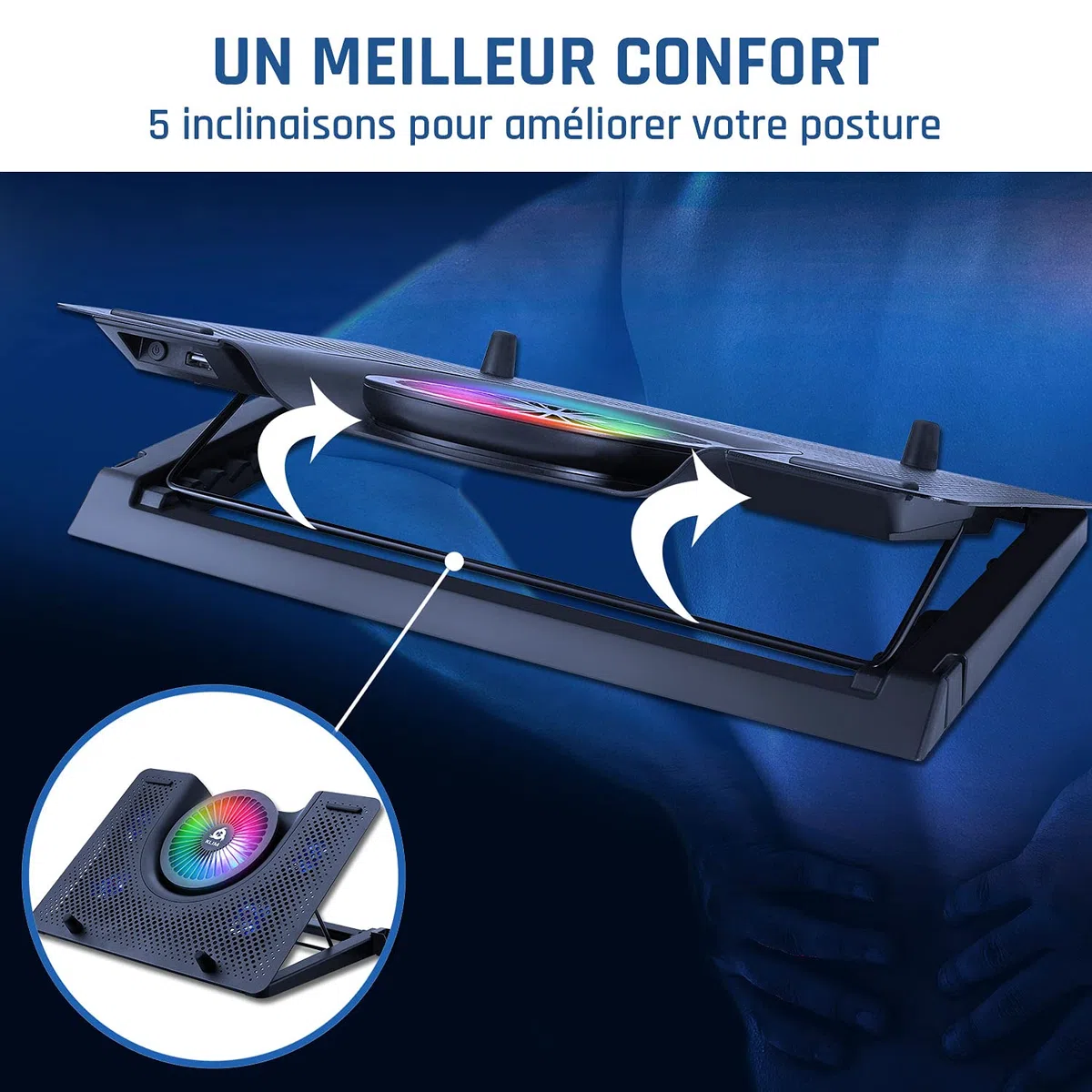 KLIM Nova - Refroidisseur PC Portable - 11" à 17" - Éclairage RGB - Support Ordinateur Portable Gaming - Ventilateur USB - Stable et Silencieux - Compatible avec Mac et PS4 - Nouveauté