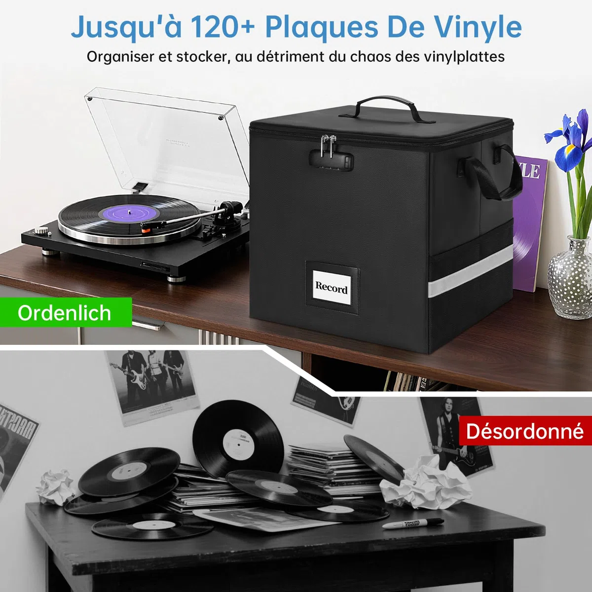 OUUTMEE Caisse à Vinyles Ignifugée avec Verrouillage, Imperméable Sac pour Disque Vinyles de 12", Compatible avec 80+ Disques LP, Caisse de Rangement Pliable pour Albums LP, Grande