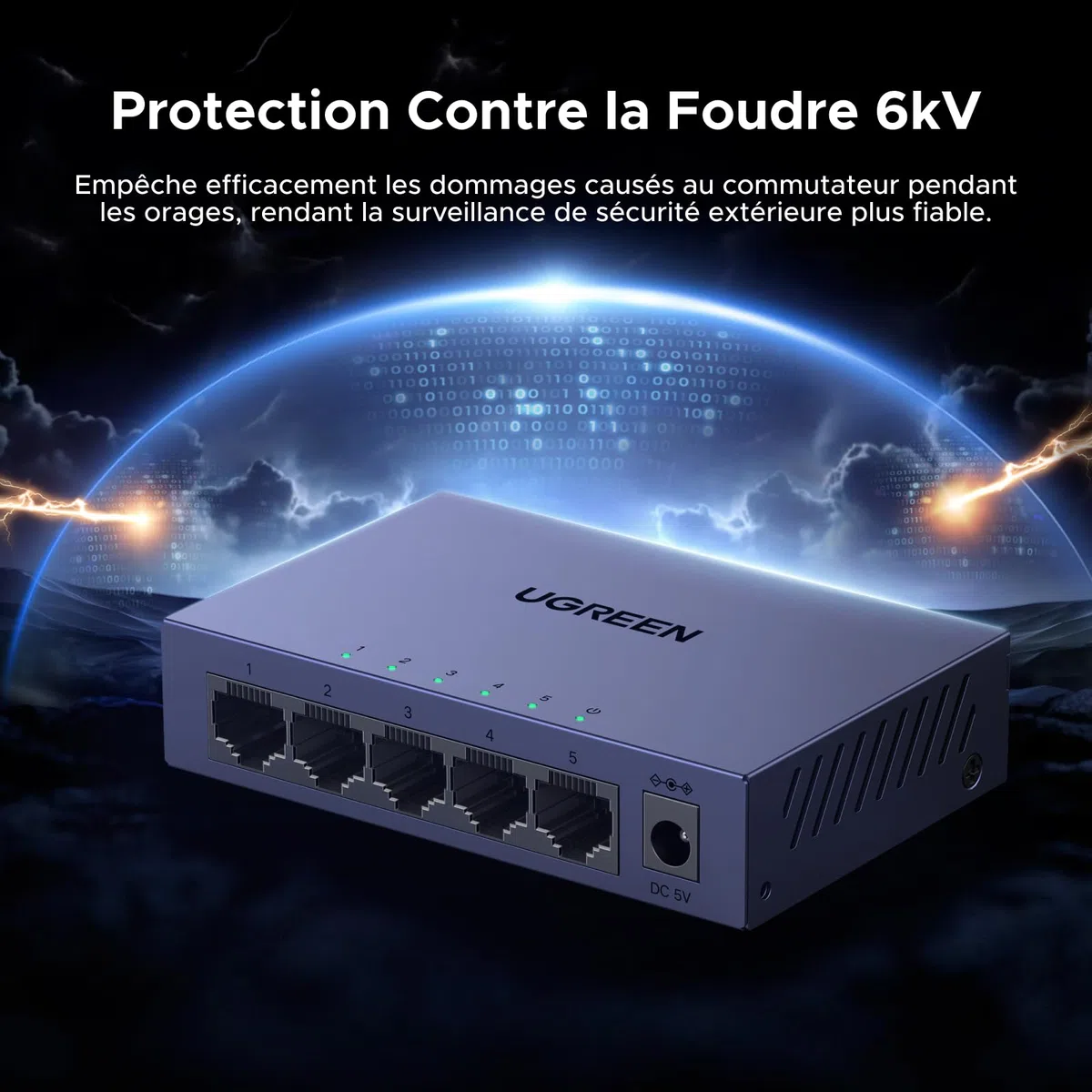 UGREEN 5 Ports Switch Ethernet Gigabit Hub Ethernet 1000Mbps Administrable Web Switch RJ45 Plug et Play Support VLAN QoS Link Aggregation IGMP Snooping Boitier Métal