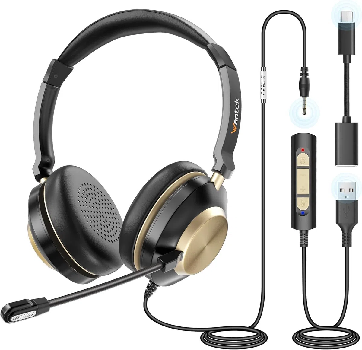 Wantek Casque 882F Stéréo avec Microphone à Réduction de Bruit - 3,5 mm-USB-Type-C pour Ordinateur Portable