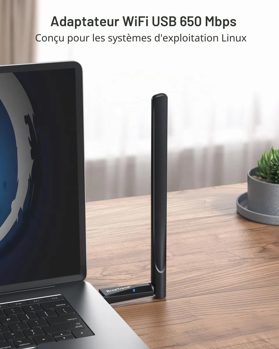 BrosTrend Clé USB WiFi Linux 650Mbps pour Ubuntu, Mint, Kali, Debian, Kubuntu, Mate, Zorin, PureOS, Raspberry Pi 2+, Windows, Adaptateur Dongle Bi-Bande 5GHz / 2.4GHz, Antenne Wi-Fi Longue Portée