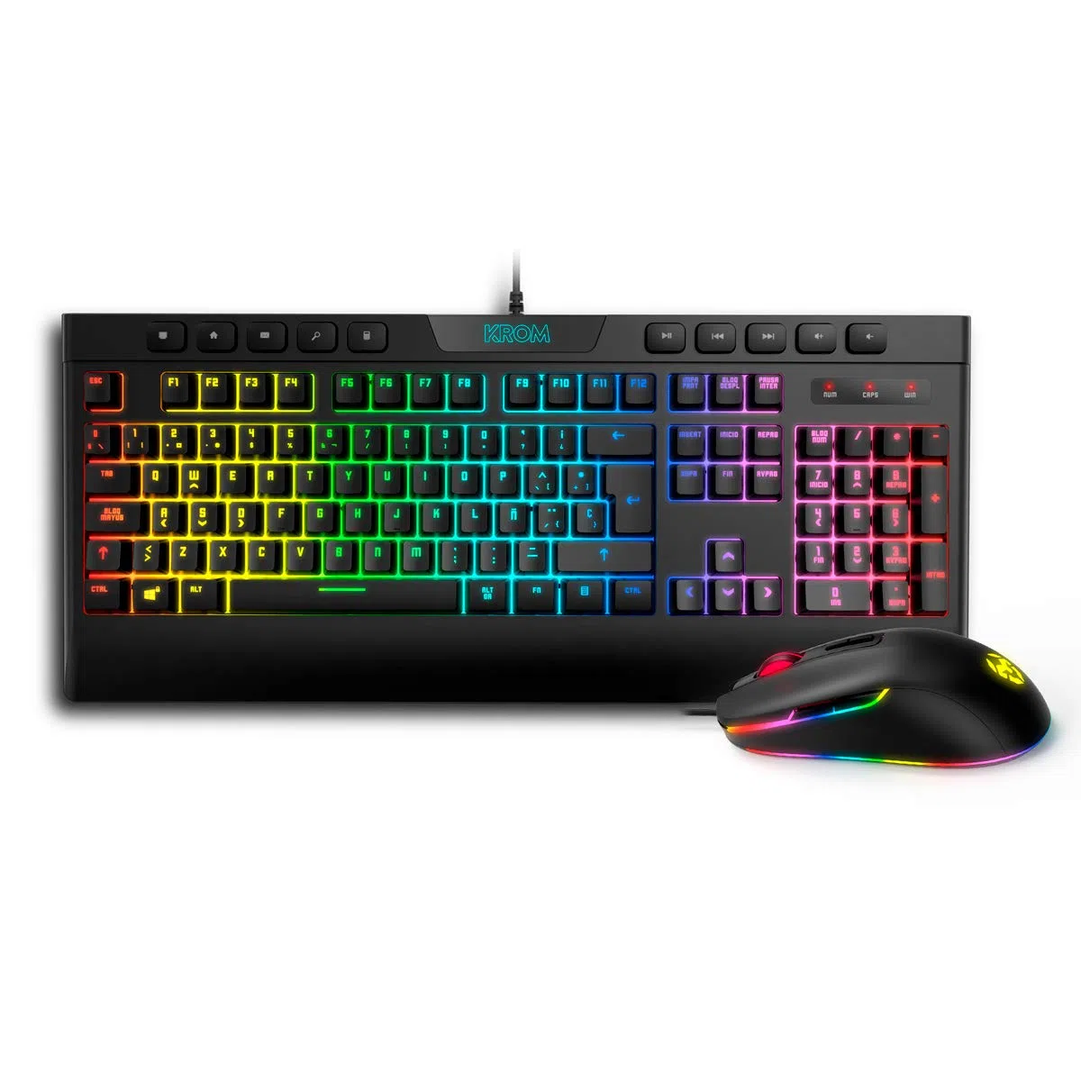 KROM KALYOS - Gaming Keyboard + Mouse Combo - Clavier membrada rétro-éclairé RGB, souris avec capteur optique 6400 DPI, LED 6 couleurs, Spanish layout, noir