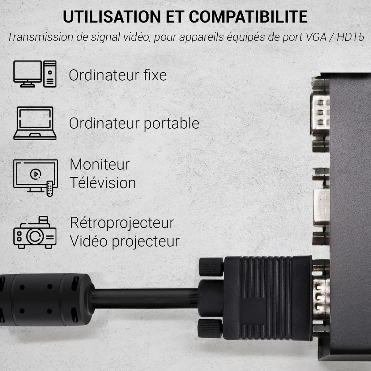 Waytex 27227 Câble 15,00 m Mâle/Femelle, Câble VGA (15 broches) full HD 1080p, compatible 3D pour ordinateur, écran, moniteur, rétroprojecteur