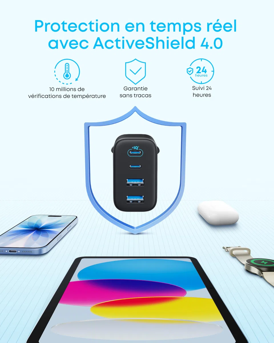 Anker Zolo Chargeur USB C, Adaptateur Mural 4 Ports avec Sortie 50W Max, 2 Ports USB-C et 2 Ports USB-A, Compact et Stable, pour iPhone 17/16, MacBook, iPad, Pixel, Galaxy, et Plus (Câble Non Inclus)