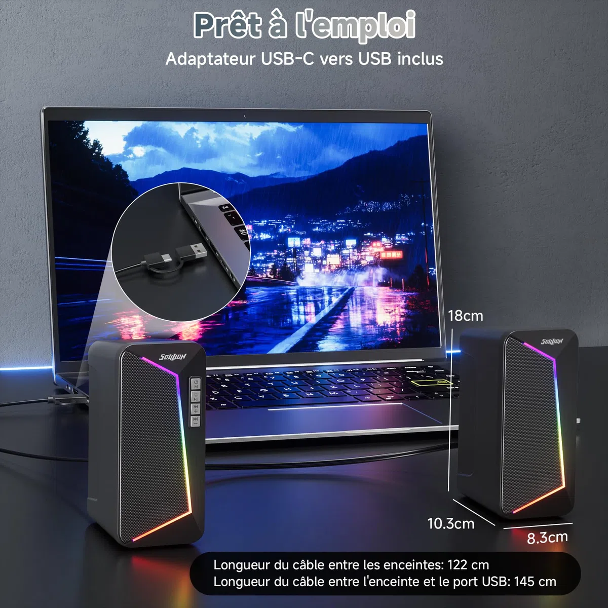 SOULION R40 Enceintes PC, Haut-parleurs alimentées par USB-C/USB avec contrôle du volume, éclairage LED, enceintes d'ordinateur avec mode USB/Bluetooth pour smartphones, ordinateurs portables, 1 paire
