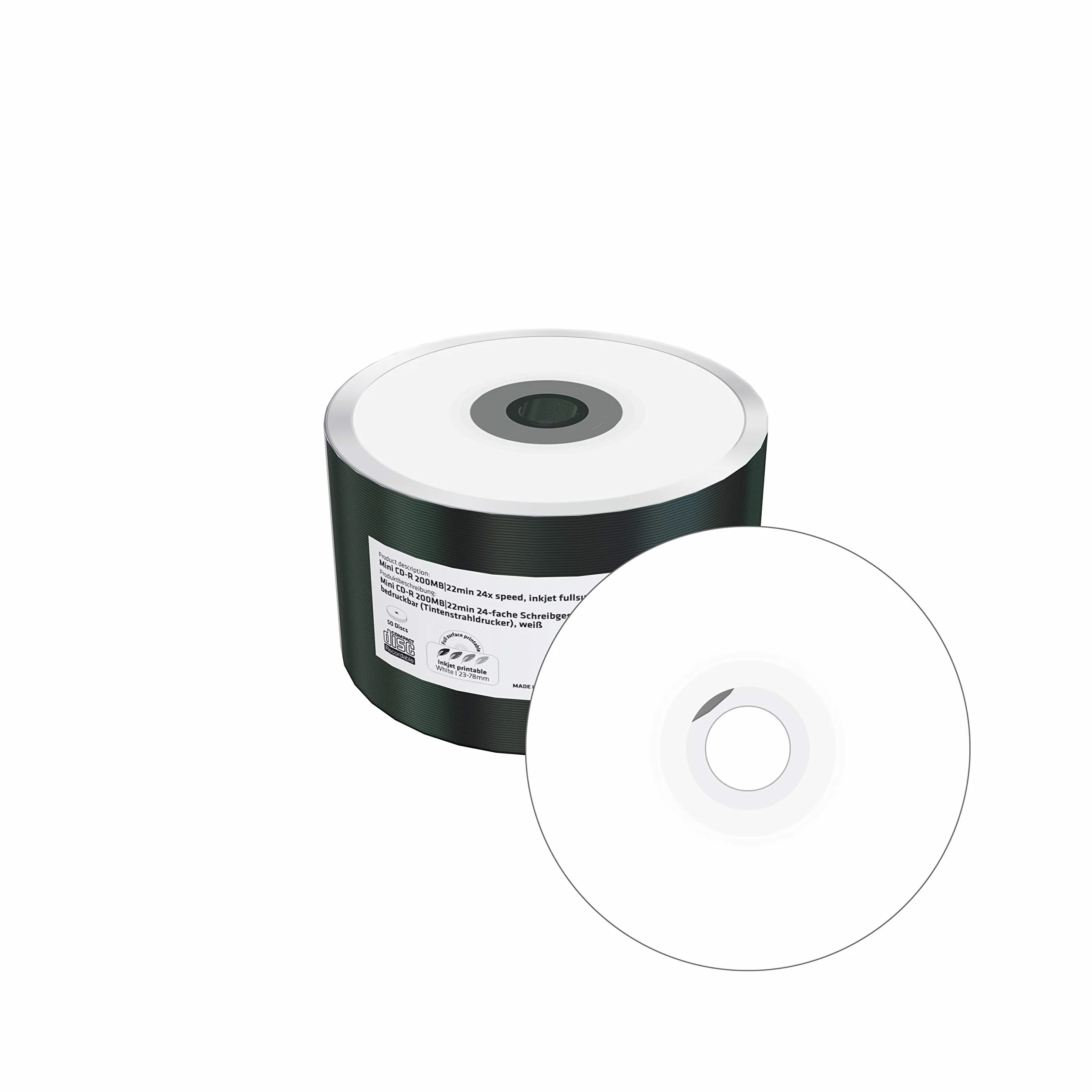 Mini CD-R 200 Mo/22 Min, Vitesse d'écriture 24 Fois, Imprimable sur Toute la Surface (imprimante à Jet d'encre), Lot de 50 dans Film Plastique (rétractable)