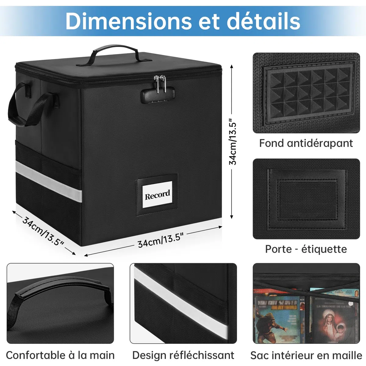 OUUTMEE Caisse à Vinyles Ignifugée avec Verrouillage, Imperméable Sac pour Disque Vinyles de 12", Compatible avec 80+ Disques LP, Caisse de Rangement Pliable pour Albums LP, Grande