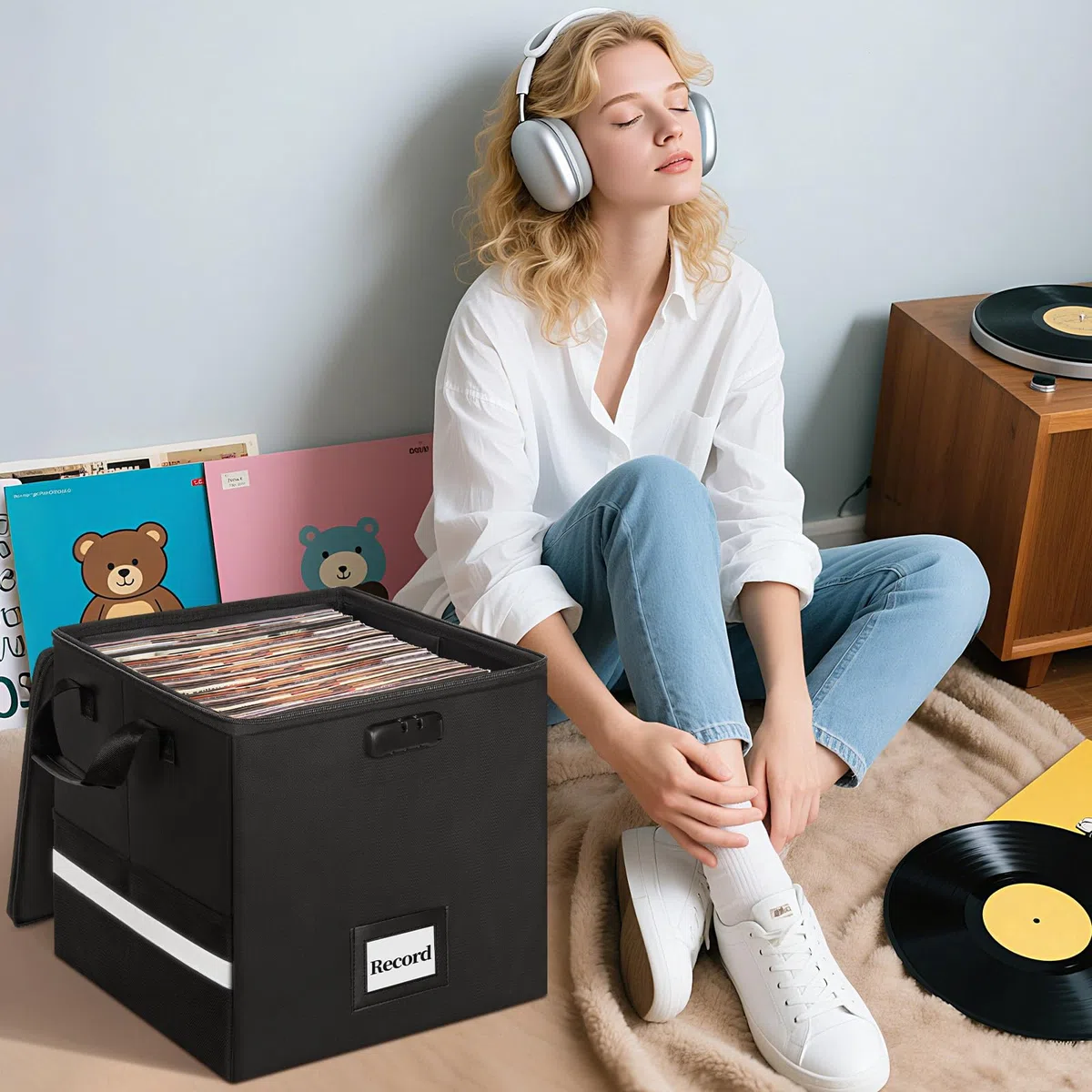 OUUTMEE Caisse à Vinyles Ignifugée avec Verrouillage, Imperméable Sac pour Disque Vinyles de 12", Compatible avec 80+ Disques LP, Caisse de Rangement Pliable pour Albums LP, Grande