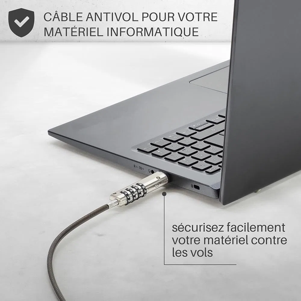 Waytex Câble Antivol PC à Code pour Prise USB, Câble de Sécurité Verrouillable pour Ordinateur Portable, PC, Mac sans Slot de sécurité - Longueur 1,90m