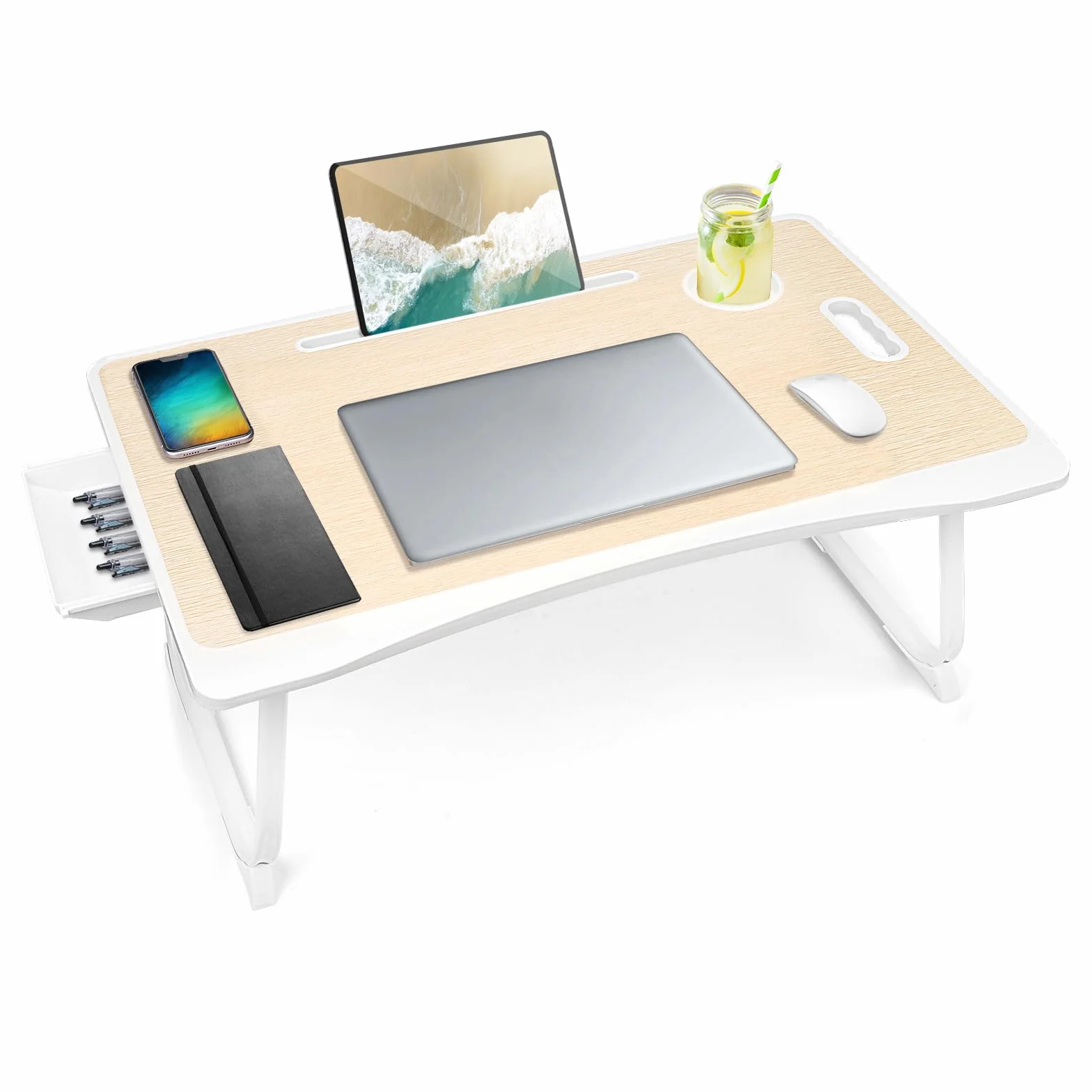 Amaredom Table pour Ordinateur Portable, Table de Lit, Support pour Ordinateur Portable, Support de Lecture avec Tiroir de Rangement et Porte-gobelet pour Boire sur Le Lit/Canapé - Chêne Blanc