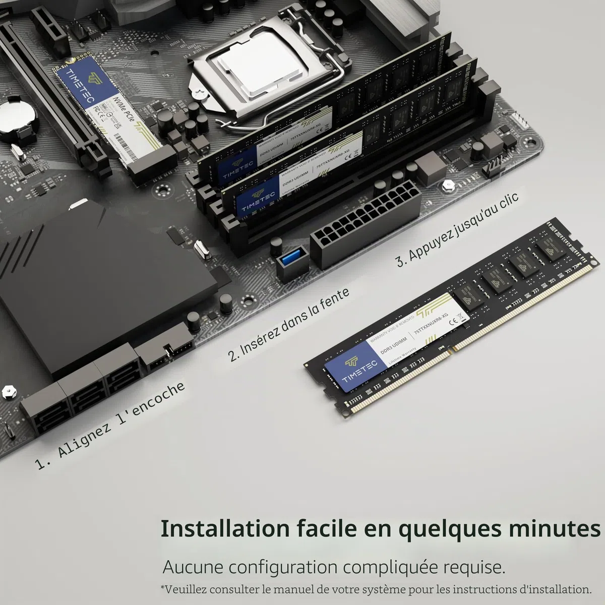 Timetec 8 Go DDR3L/DDR3 1600MHz PC3L-12800/PC3-12800 (PC3-12800U) Non-ECC sans Tampon 1.35V/1.5V CL11 2Rx8 Double Rang 240 Broches UDIMM Ordinateur de Bureau mémoire RAM Module Mise à Niveau