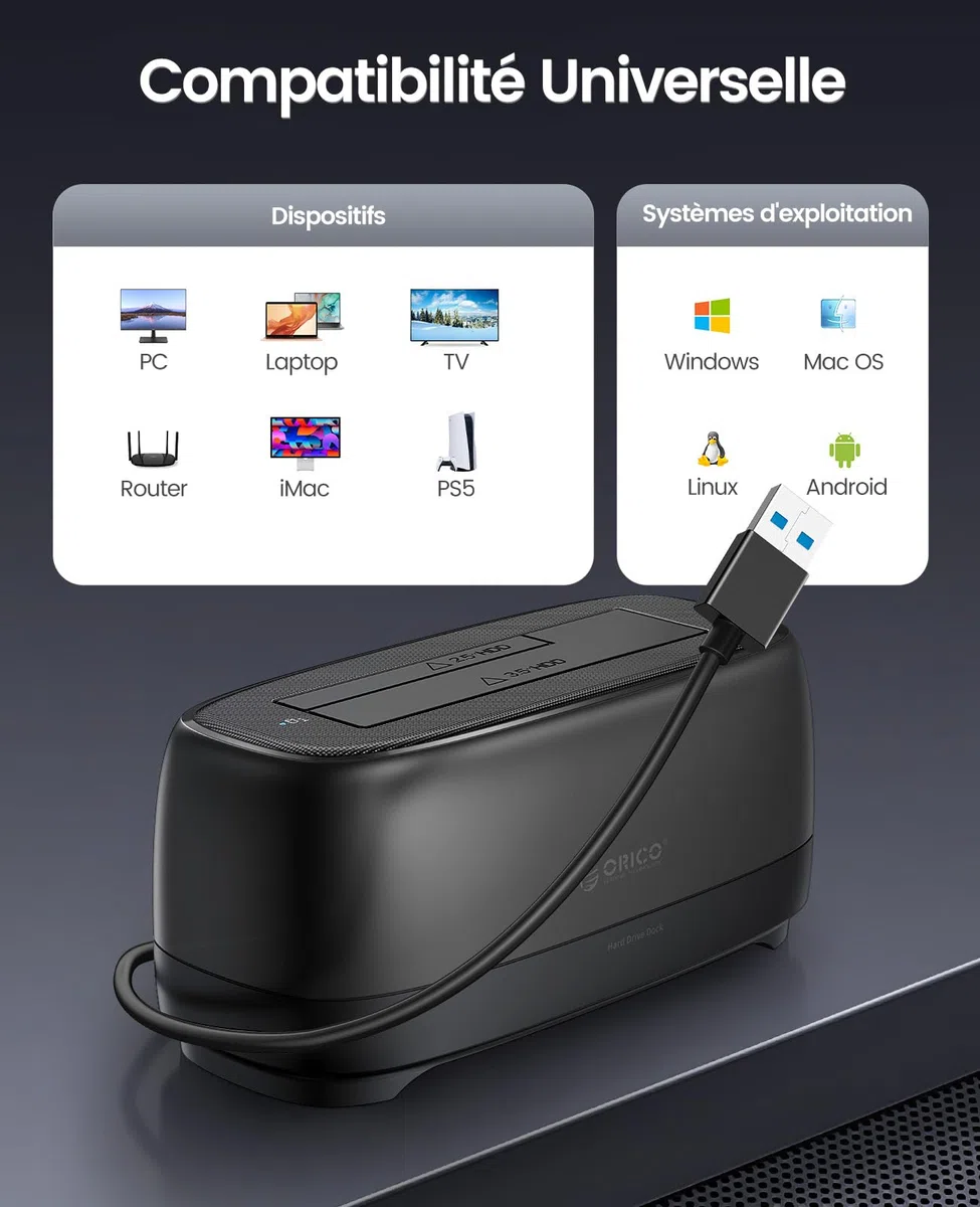 ORICO SATA SSD/HDD Dock pour Disque Dur, USB 3.0 Station d'accueil pour Dique Dur de 2,5 et 3,5 Pouces, Supporte UASP et Les disques de 20To(DD18U3)