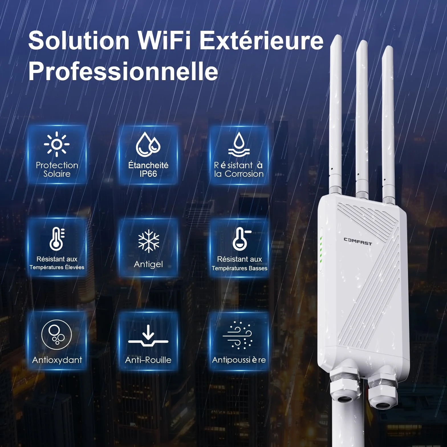 COMFAST Répéteur WiFi 7 Extérieur BE3600 Mbps, Outdoor Point d'accès Double Bande 2.4G/5GHz avec 3 Antenne, 3 Port Gigabit, 48V PoE/12V DC, IP66, MU-MIMO, Longue Portée Repetiteur WiFi Exterieur