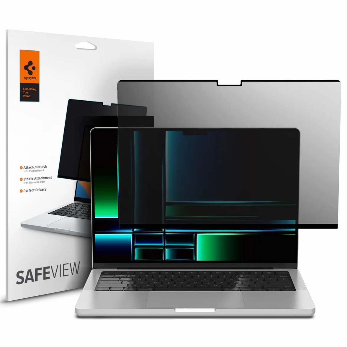 Spigen SafeView Filtre de Confidentialité pour MacBook Pro 14 Pouces (M5 Pro/M5 Pro Max(2026)/M5(2025)/M4 series/M3 series/M2 series/M1 series), 1 Unité, Anti-espion, Avec chiffon de nettoyage et étui