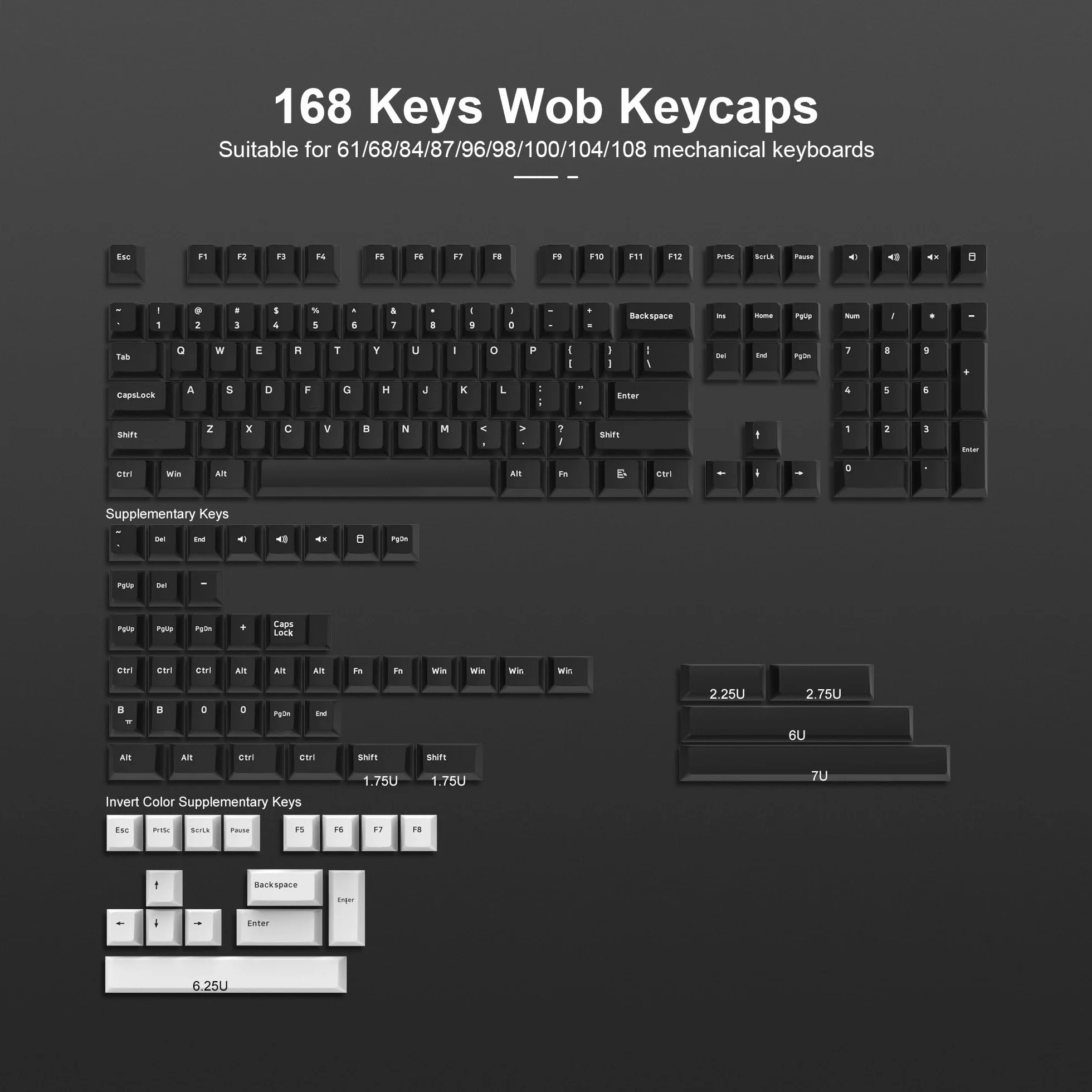 Lot de 168 touches en PBT Double Shot personnalisées, blanc sur noir, clavier mécanique avec profils Cherry pour commutateurs Cherry Gateron MX