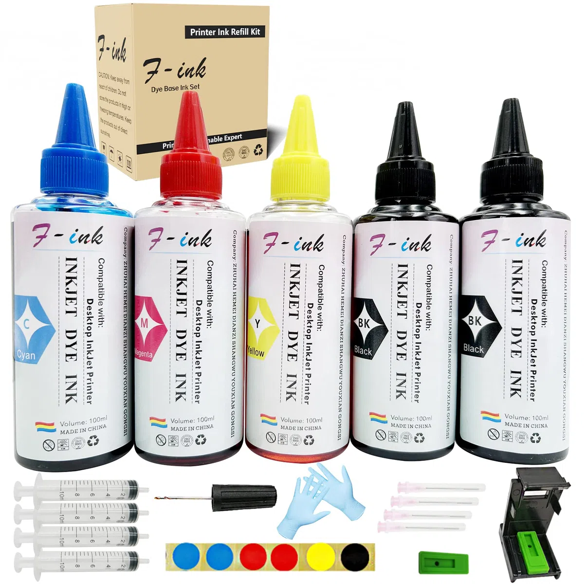 F-INK Lot de 5 flacons d'encre et de recharge d'encre de 100 ml compatibles avec cartouches d'encre HP 304 302 650 62 652 300 301 304XL 652XL 300XL 650XL 302XL 62XL 301XL avec outils de recharge