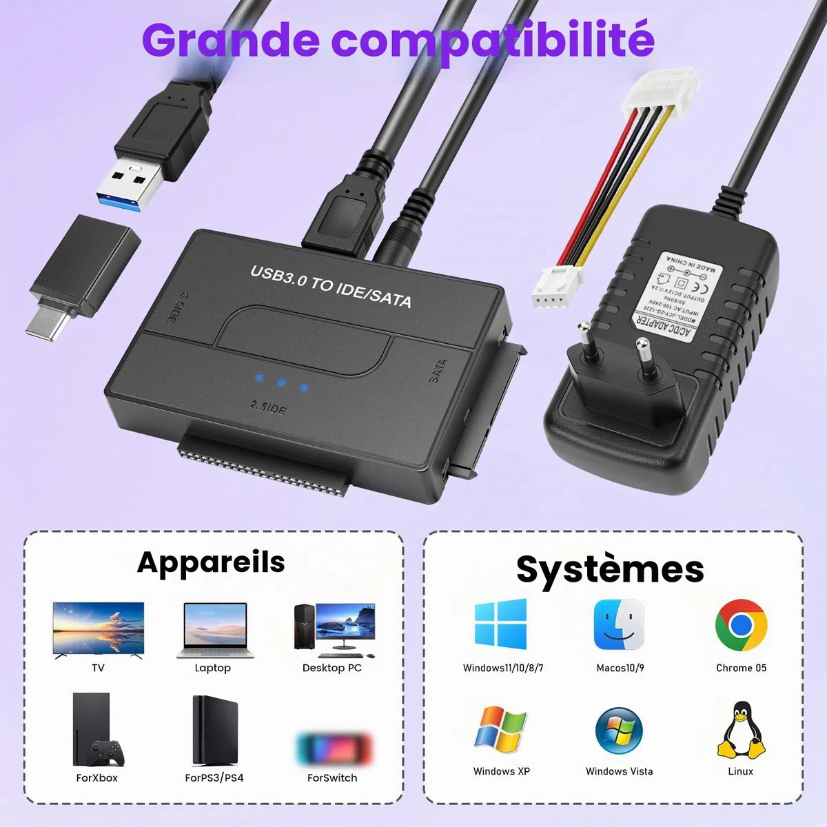 5Gbps IDE Adaptateur Disque Dur USB 3.0 pour 2.5"/ 3.5" HDD/SSD, Convertisseur SATA et IDEAdaptateur de Disque Dur IDE/SATA pour Windows avec Câble USB/Alimentation 12V 2A/SATACâble