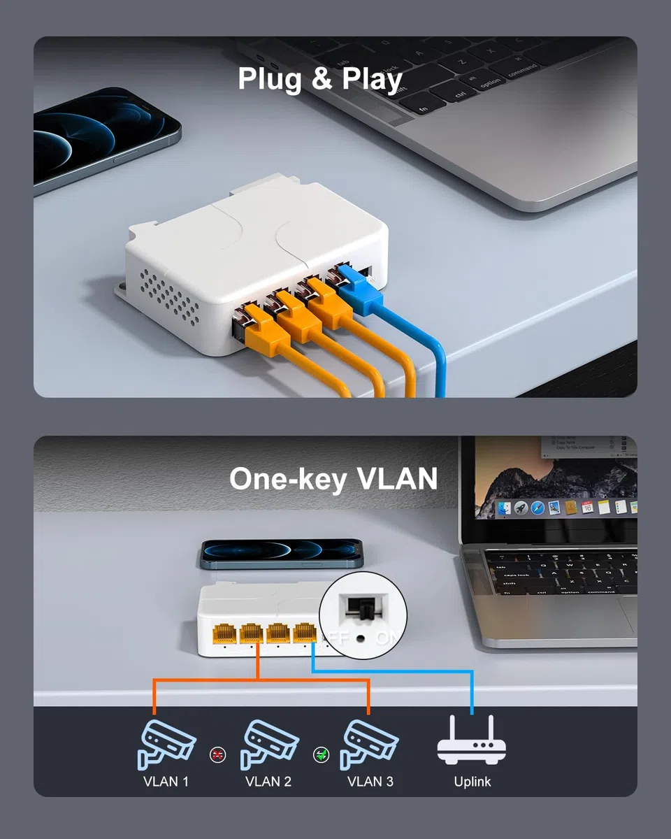 VIMIN Extendeur PoE Gigabit 4 Ports, 1 in 3 Out Répéteur PoE Intérieur Compatible IEEE802.3af/at + 1000 Mbps, Montage Mural et sur Rail DIN, Distance de Transmission de 100 m (328 pi), Plug & Play