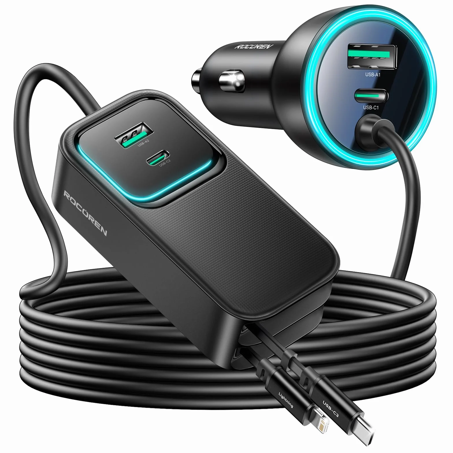 Rocoren Chargeur Voiture 135W Rétractable 6-en-1, Allume-Cigare 12-24V câble 1,5m. Charge Rapide PC Portable, téléphone, Tablette. Accessoire Auto Parfait Voiture, Camping-Car, Caravane & Voyages