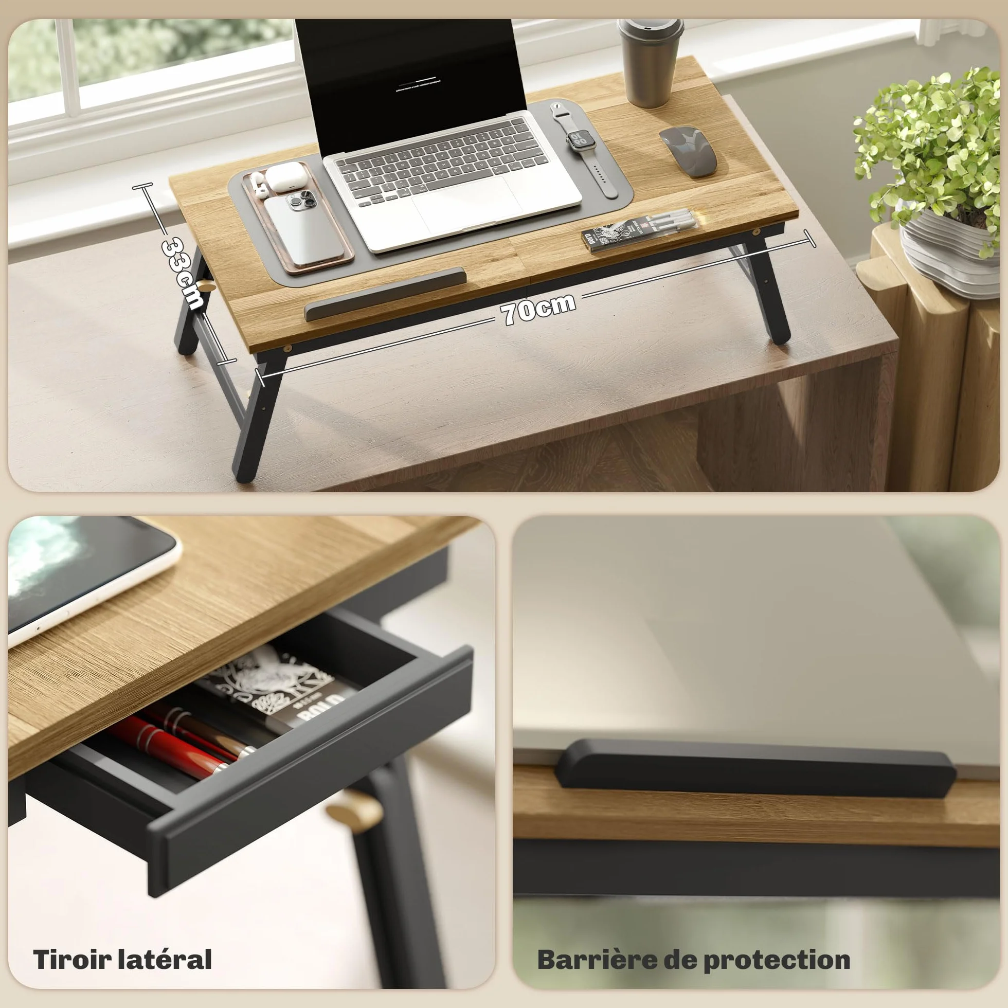 HOMCOM Table de lit Pliable et réglable, Plateau pour Ordinateur Portable avec Plateau inclinable, tiroir, Bureau de lit en Bambou, 83,5l x 33P x 23,5-34H cm, chêne