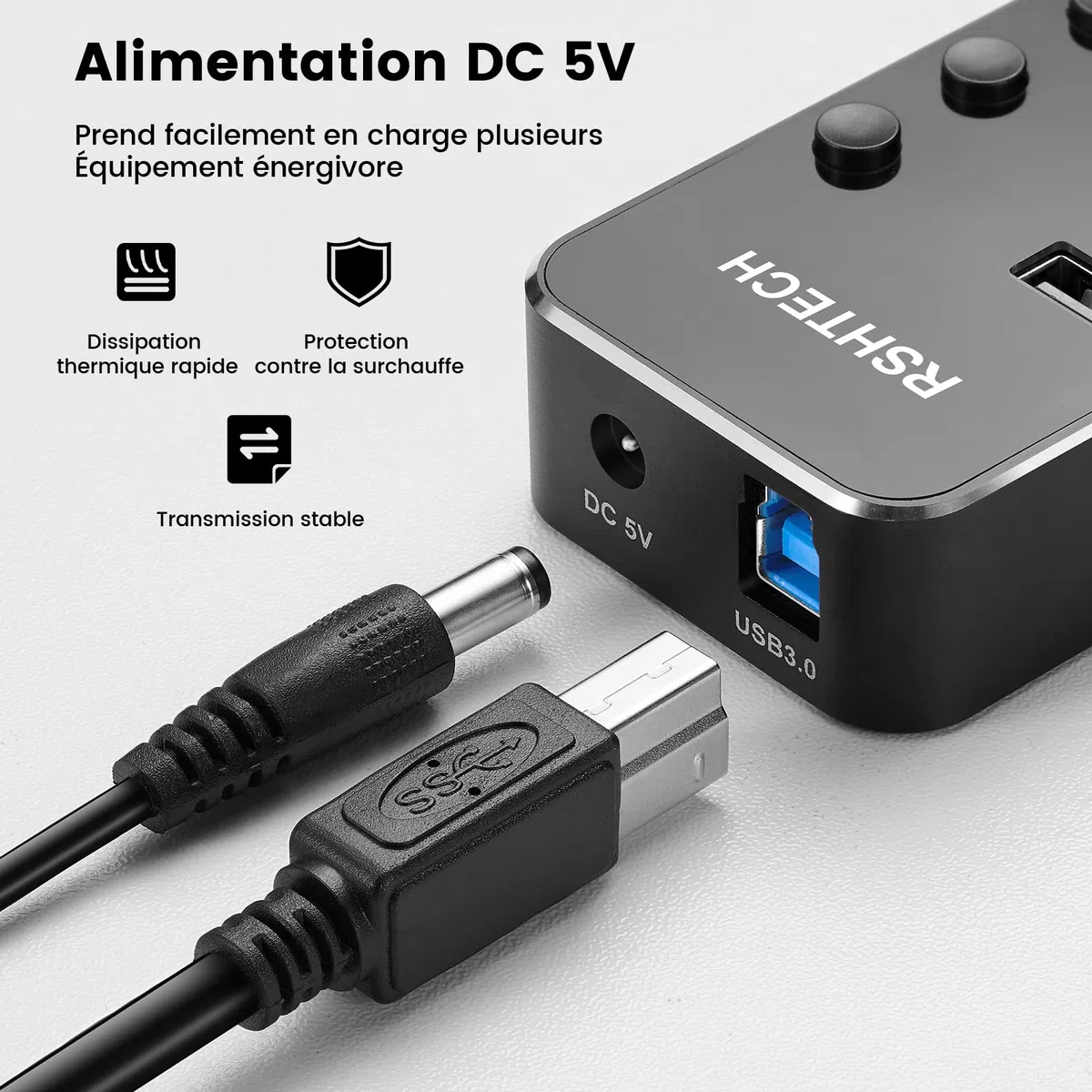 Hub USB Alimenté, RSHTECH Aluminium USB Hub 3.0 à 7 Ports Multiprise USB 3.0 avec 5V/2A Alimentation Externe Multi Port Hub, 5 Gbit/s, Commutateurs Individuels et Indicateur LED-Noir（RSH-518）