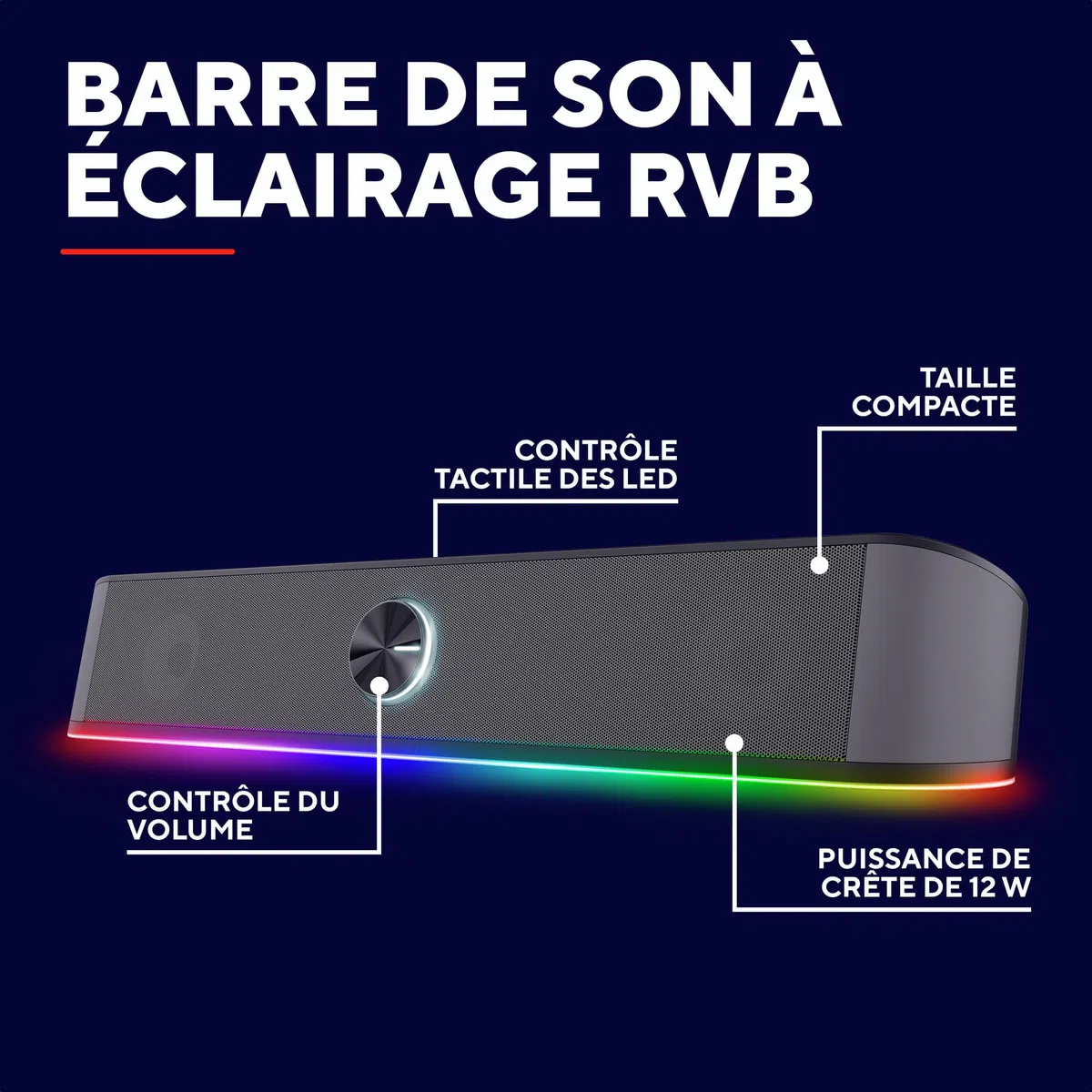 Trust Gaming GXT 1619 Rhox Barre de Son RGB 12W (6W RMS), Enceinte PC Stéréo Alimentation USB, Format Compact, Câble AUX 3.5 mm, Haut Parleur 2.0 pour Ordinateur Portable TV - Gris