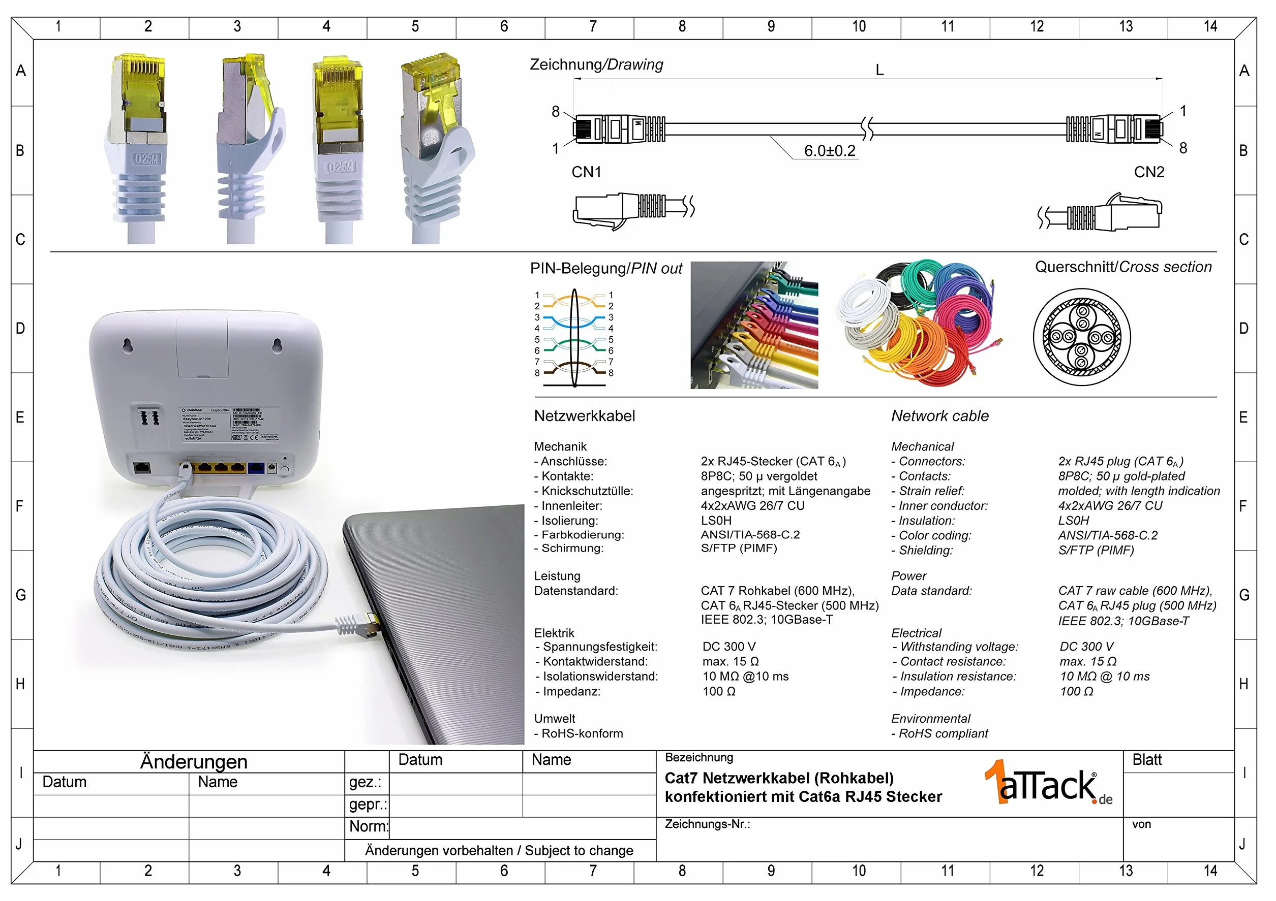 1aTTack.de Câble Réseau Cat7 Cat 7 10 GB/s SFTP - 5x 3,0m - RJ45 Ethernet LAN DSL Routeur Modem - 5 couleurs 03