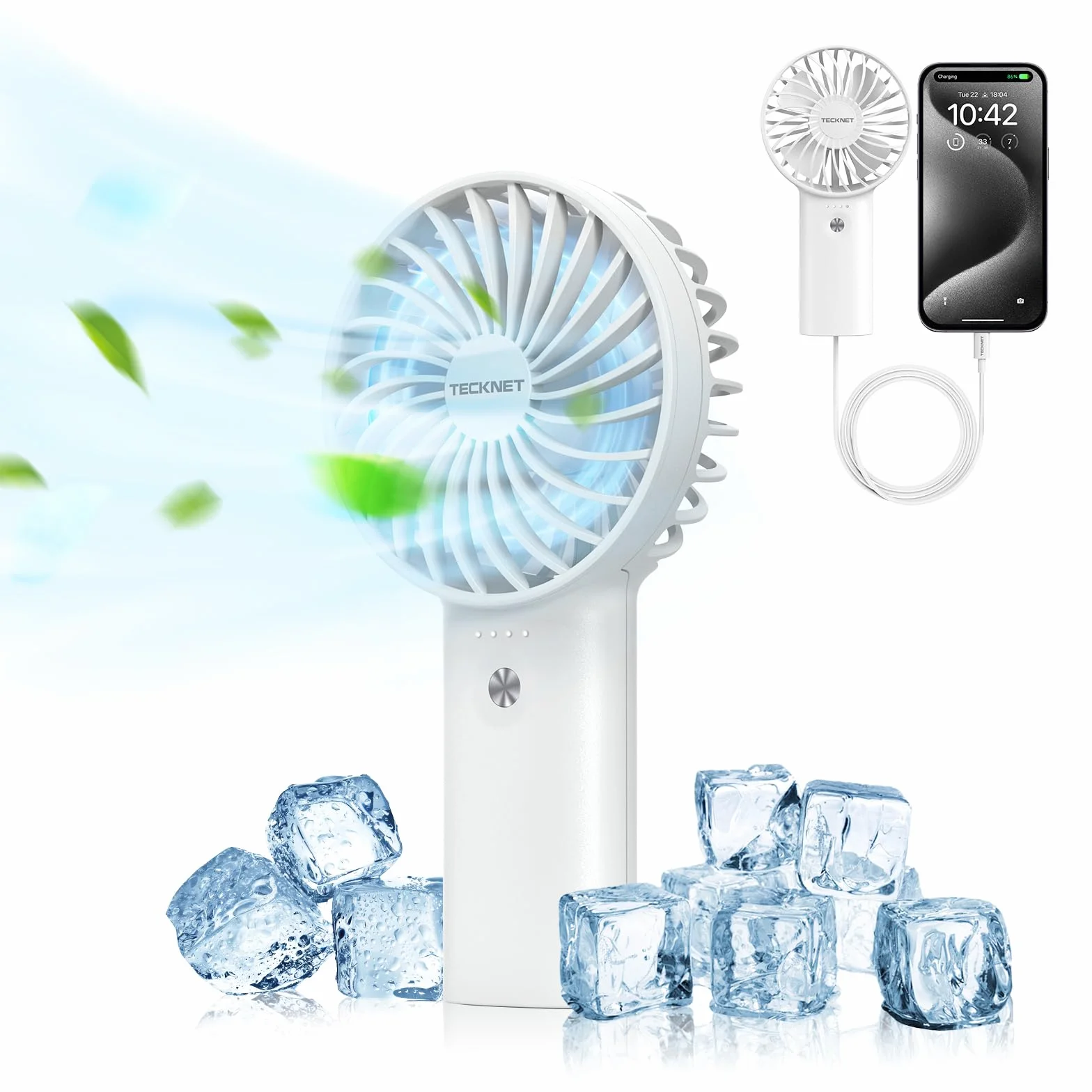 TECKNET Mini Ventilateur Portable 7000mAh, Ventilateur USB avec Fonction Power Bank, Ventilateur Silencieux à 3 Vitesses Réglables, Ventilateur de Poche pour Bureau/Voyage/Extérieur, Blanc