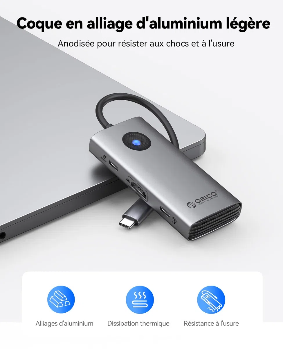 ORICO Station d'accueil, 6 en 1 Hub USB C avec HDMI 4K@30Hz, PD 100 W, 4 Ports USB 5Gbps, Adaptateur USB C vers USB 3.0 Compatible avec MacBook Pro Air XPS HP