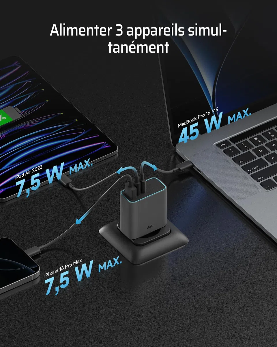 CUKTECH Chargeur USB C 65W, 3 Ports GaN III et PPS PD3.0 Chargeur Rapide, Chargeur 65W USB C Rapide Compatible avec MacBook Air/Pro, iPad Pro, iPhone 16/15/14/13, Samsung S24/S23, Xiaomi