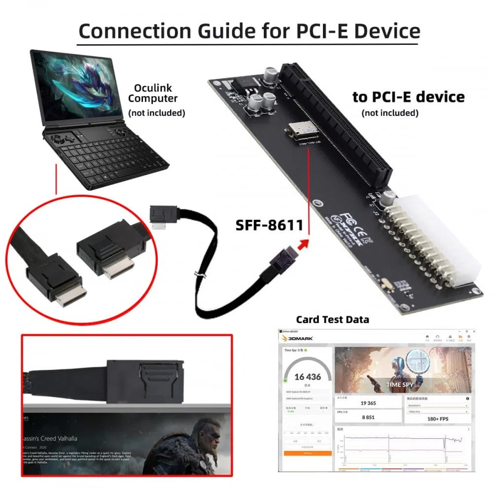 CY Câble, coudé à 90 degrés vers la gauche, OcuLink PCIe 4.0 PCI-Express SFF-8611 4i vers SFF-8611, câble de données actif pour eGPU-SSD (50 cm)