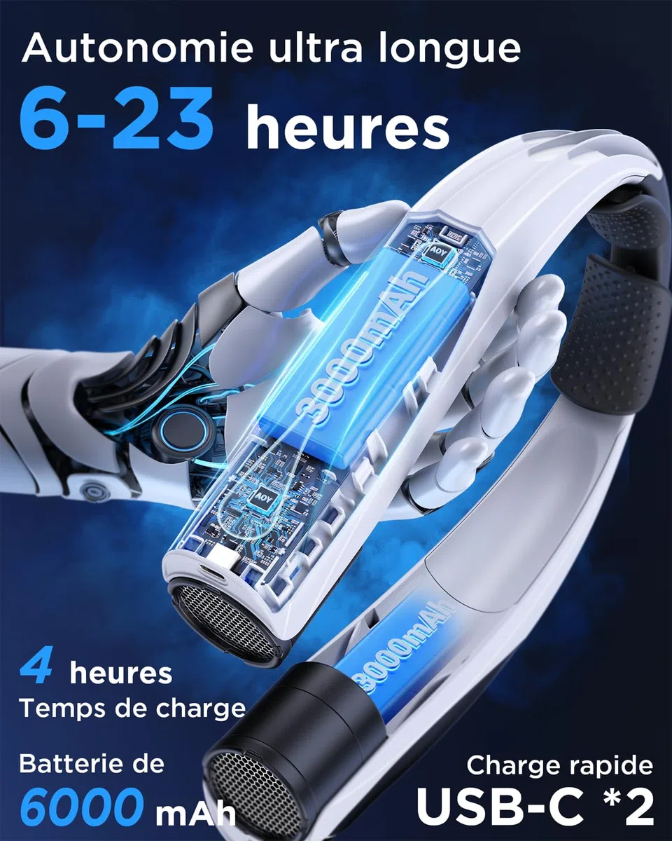 Lepwings Ventilateur de Cou, Autonomie 6–23h, 6 Vitesses, Silencieux & Confortable, USB-C Rechargeable, Batterie 6000 mAh, Ventilateur Tour de Cou pour Bureau, Sport, Voyage – Noir