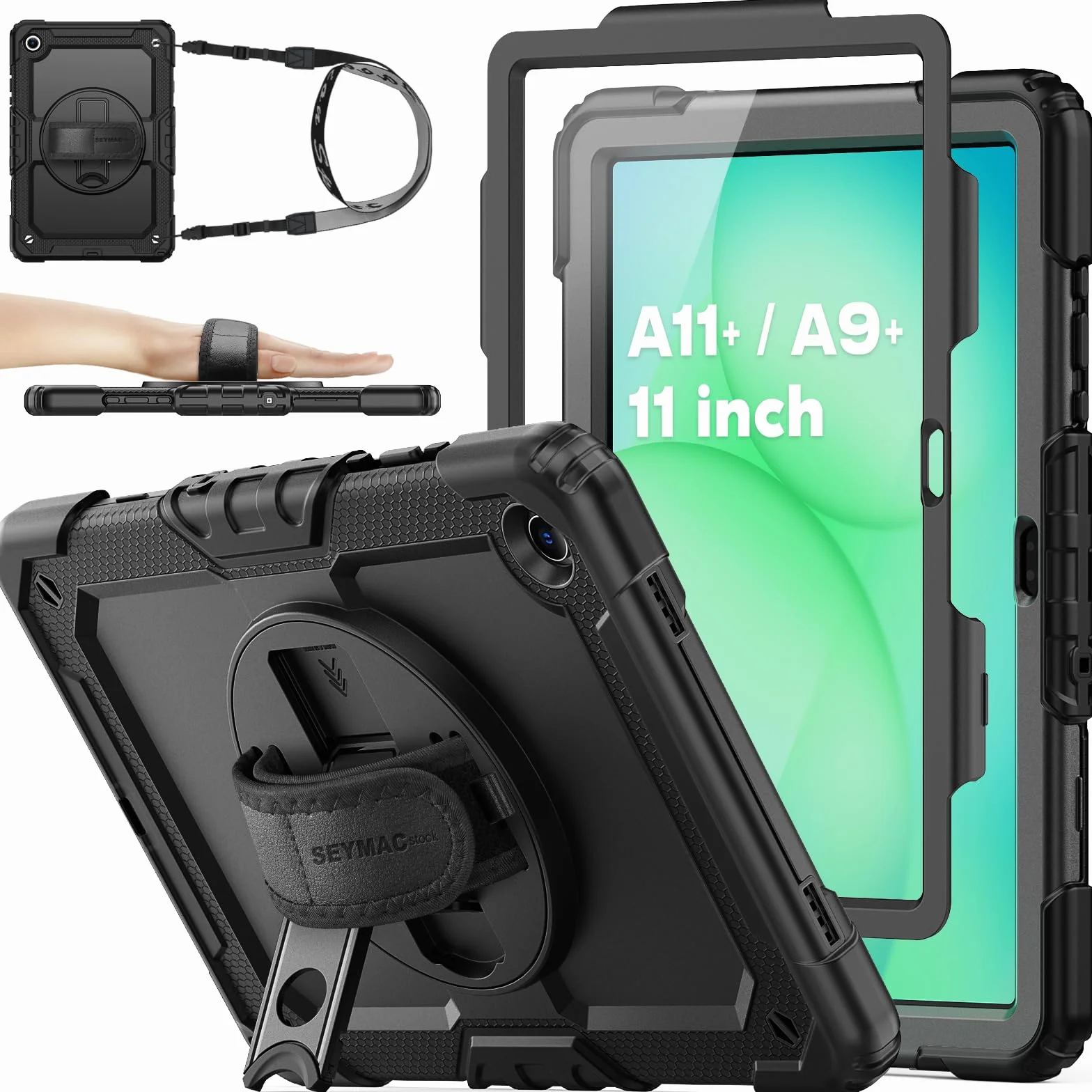 SEYMAC stock Coque pour Samsung Galaxy Tab A11+ Plus 11'' 2025/ A9+ Plus 11'' 2023, Coque Antichoc avec Protecteur D'écran Porte-Stylo [Dragonne Rotative à 360] et Support, Noir