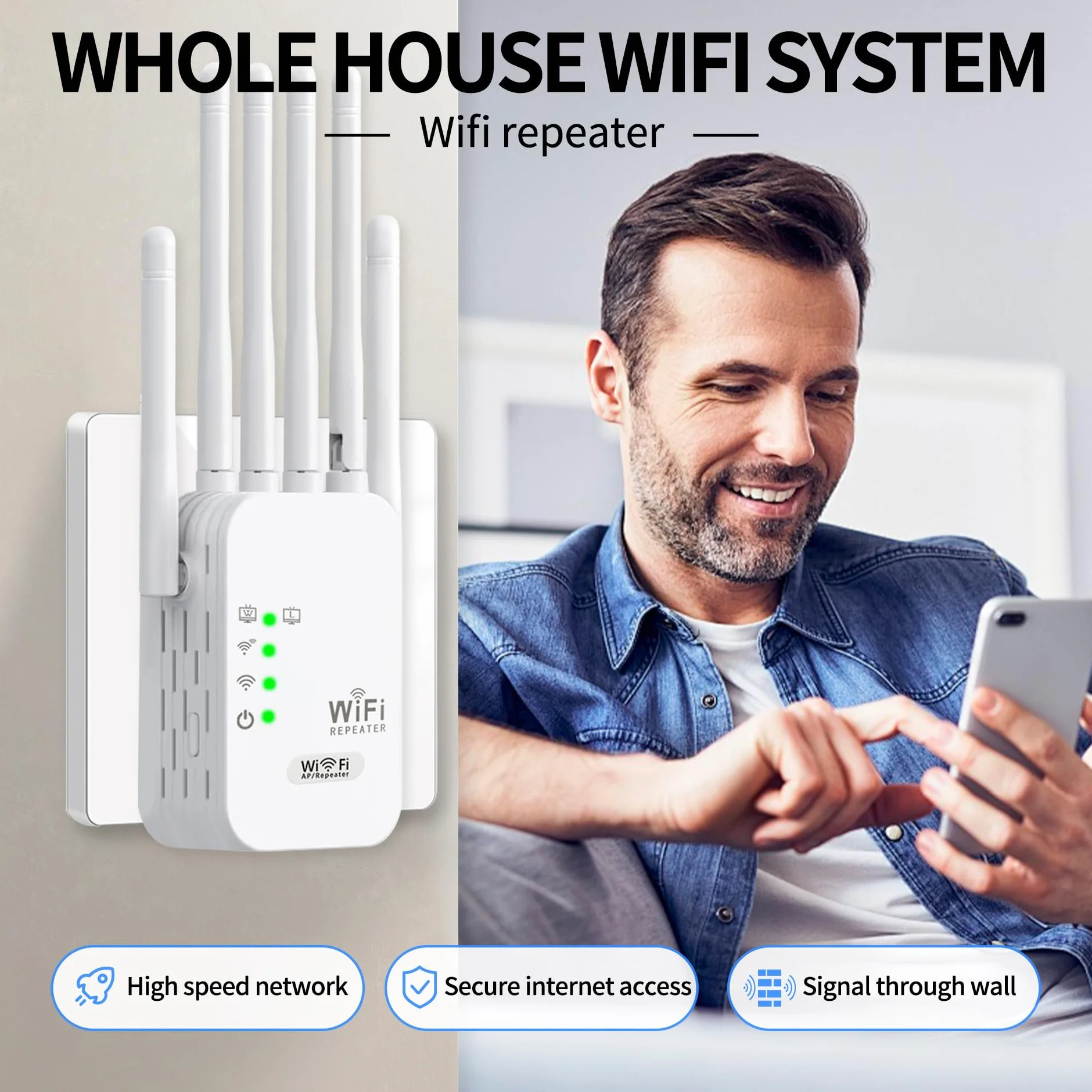 Répéteur WiFi 1200Mbps Double Bande 5G/2.4GHz, Amplificateur WiFi de dernière Technologie avec 6 antennes, Couvre jusqu'à 11000 m², 2 Ports LAN, idéal pour la Maison et Le Bureau Amplificateur WiFi