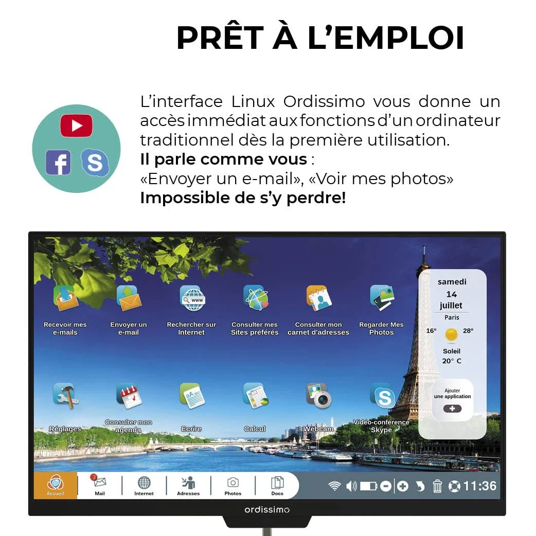ORDISSIMO - Ordinateur de Bureau Tout-En-Un Clara 2 Idéal Senior - Ordi Fixe Facile à Utiliser - Grand Écran Plat - Interface Intuitive, Clavier Simplifié, Souris Sans Fil, Antivirus, Ports USB - Noir