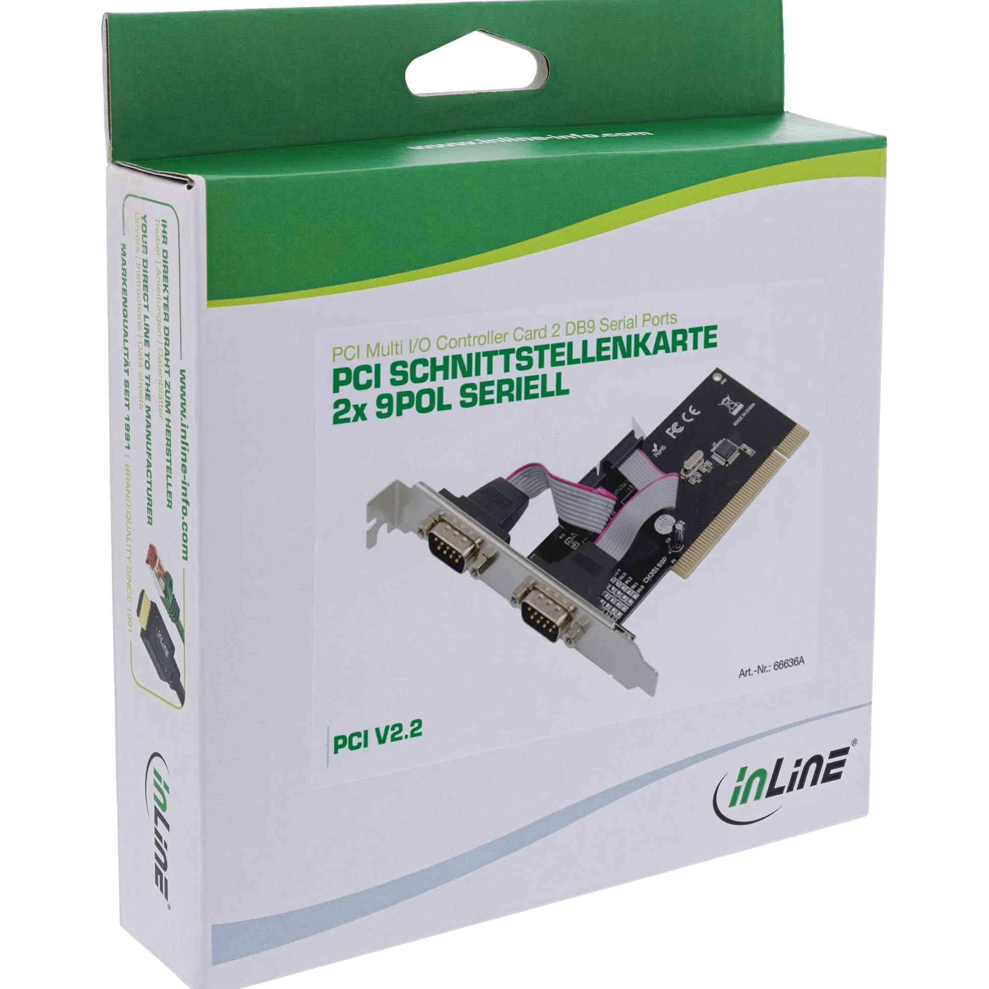 InLine 66636A Lot de 2 Cartes d'interface PCI série RS232 CH351Q 9 Broches Haut débit Compatible avec Windows et Linux Installation Facile