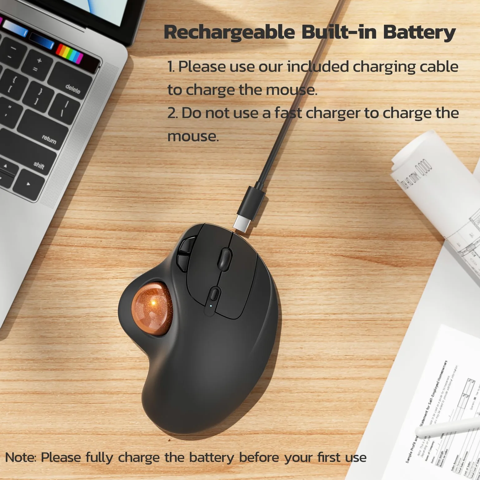 Nulea Trackball ergonomique rechargeable M501 – Contrôle par le pouce, suivi fluide, 3 appareils (Bluetooth/USB), compatible avec PC, ordinateur portable, Mac, Windows (orange pâle)