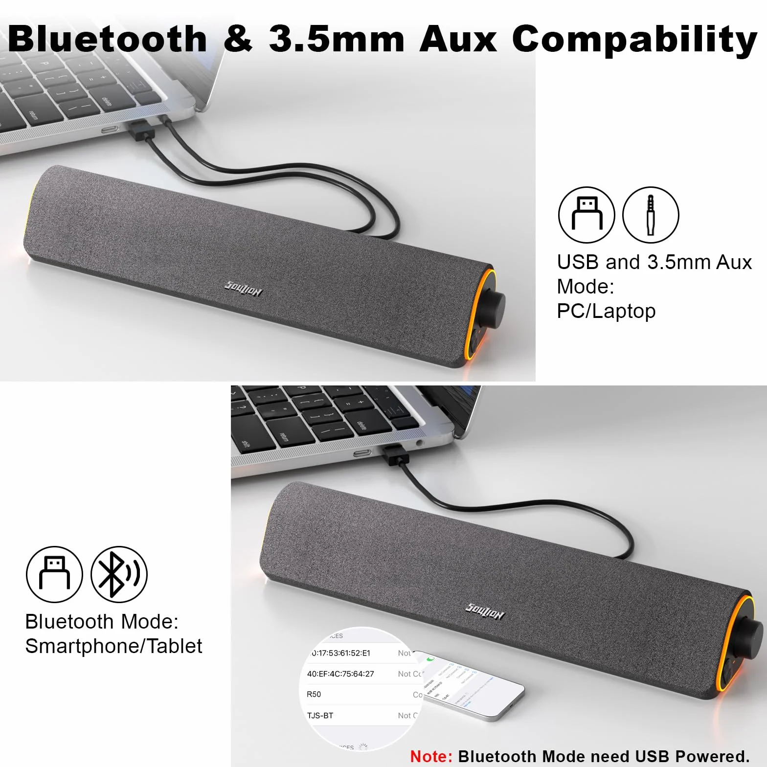 SOULION R50 Enceinte PC pour Ordinateur Portable, Tablette, Moniteur | Bluetooth & 3,5 mm, Alimenté par USB, Barre de Son PC, RGB, 42 x 8 x 9cm
