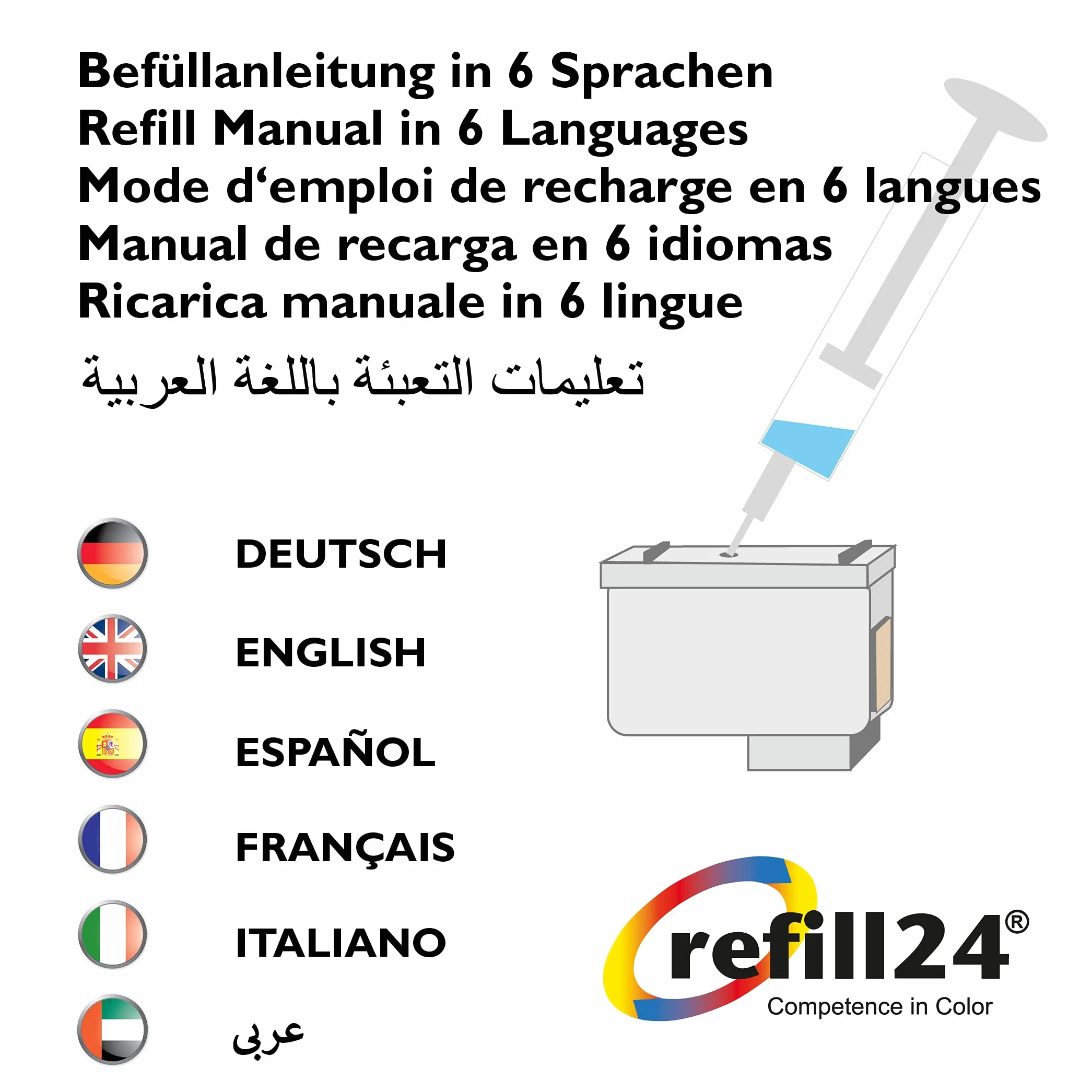 refill24 Kit de Recharge Compatible pour Cartouches d'encre HP 304, 304 XL Noir et Couleur, Encre de Haute qualité avec Clip et Accessoires