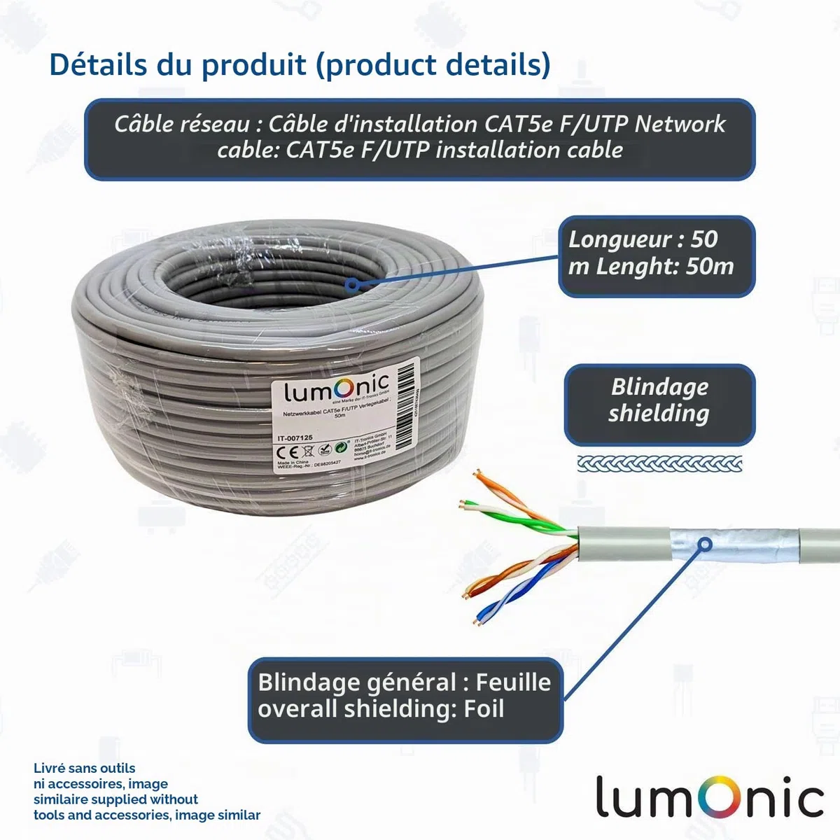 Lumonic 50m Câble de réseau CAT 5e F/UTP I CAT5e-câble, Gigabit Lan Câble, Ethernet Câble I Flexibles Verlegekabel geschirmt, pour l'intérieur jusqu'à 100 MHz