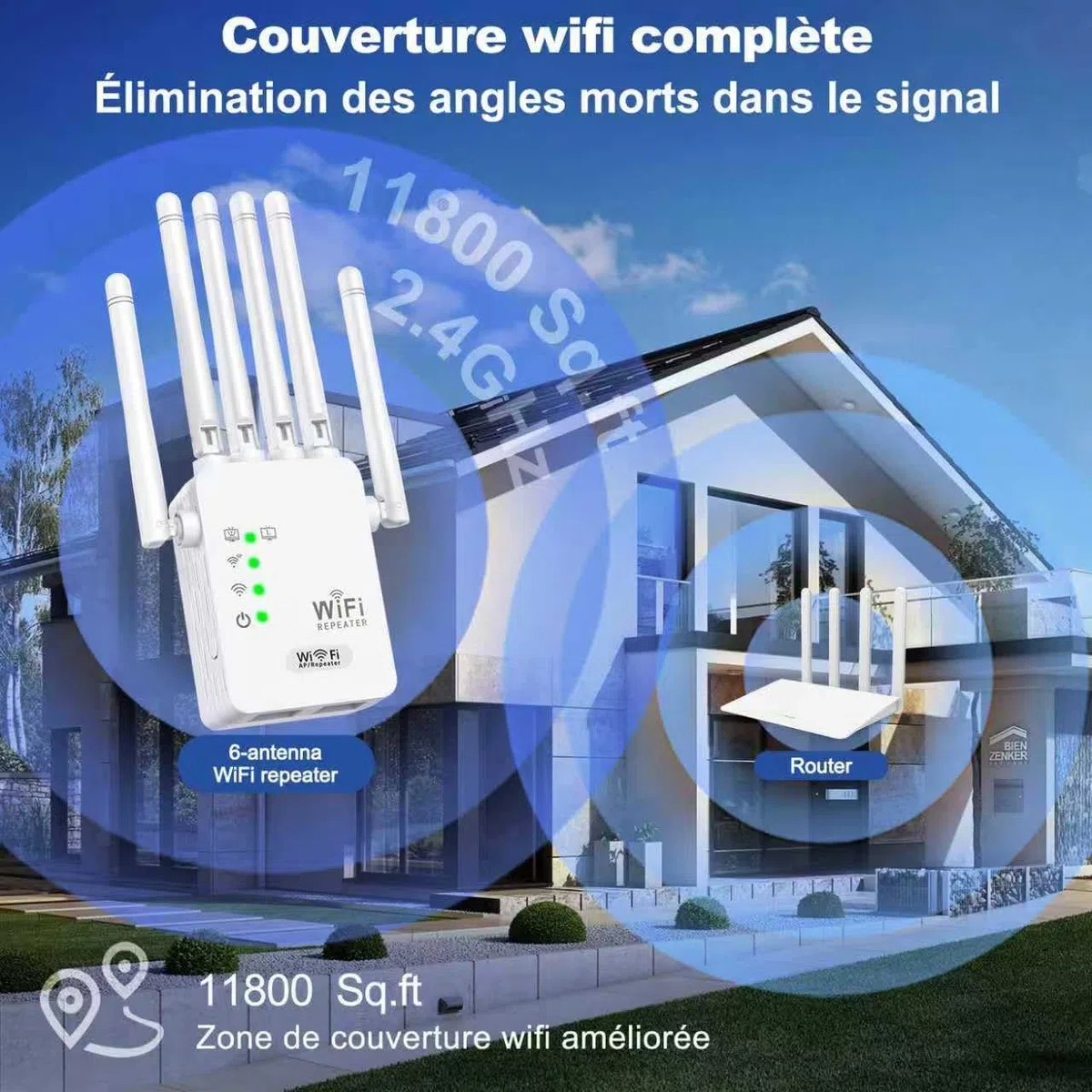 Repeteur WiFi Puissant, Amplificateur Répéteur WiFi 6 Dual Band,repeteur WiFi Puissant avec 6 Antennes Puissantes, 2 Ports LAN,repetiteur WiFi Puissant sans Fil