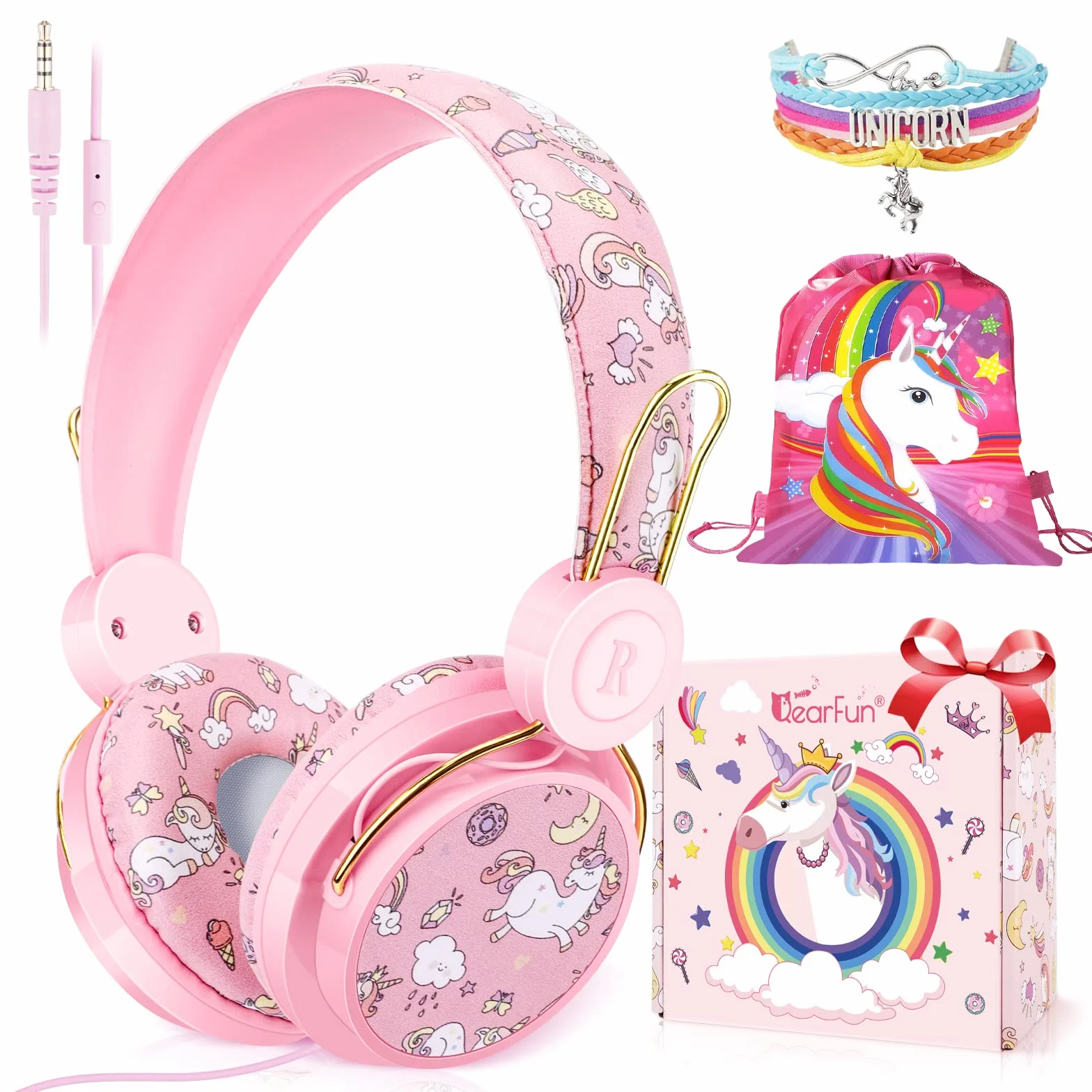 JYPS Casque Audio Enfant, Licorne/Dinosaures Casque Filaire pour Enfants avec Micro pour Filles/Garçon de 3 à 10 Ans, Musique Ecouteurs pour iPad/Tablet l'école-Cadeau Licorne pour Filles (Rose)