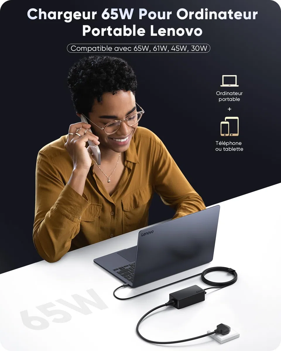 Chargeur 65W USB C Alimentation pour Lenovo ThinkPad X1 Carbon T14 T15 E14 E15 X13 L13 L14 L15 T480 T480s T490 T580 T590 E480 E490 E580 E590 X280 X380 L380 Yoga 720 730 C740 C940 910 Type C Adaptateur