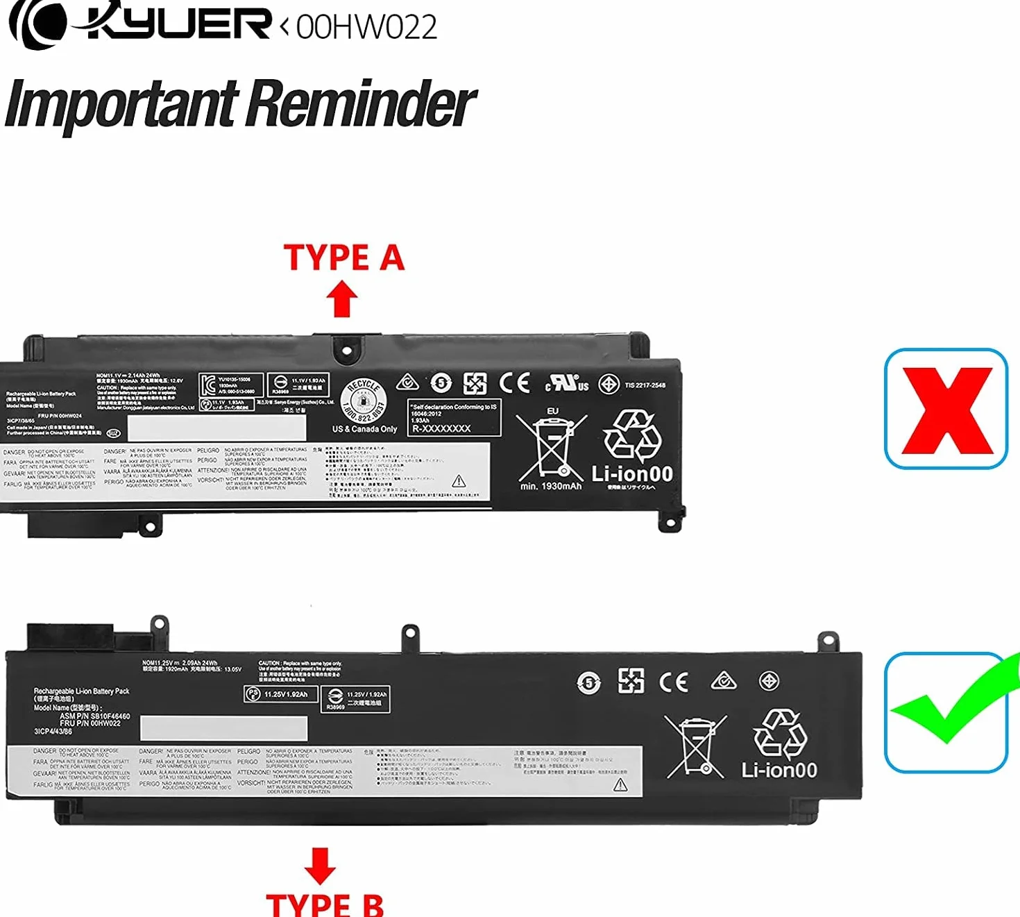 K KYUER 24Wh 00HW022 00HW023 Batterie pour Lenovo ThinkPad T460S T470S 20FA 20F9 20HF 20HG 20JT 20F9003SGE 20FA003GGE 20F90042GE 20FA0046PB 20HGS00V00 20HF004UGE 00HW036 SB10F46460 SB10F46461 Battery
