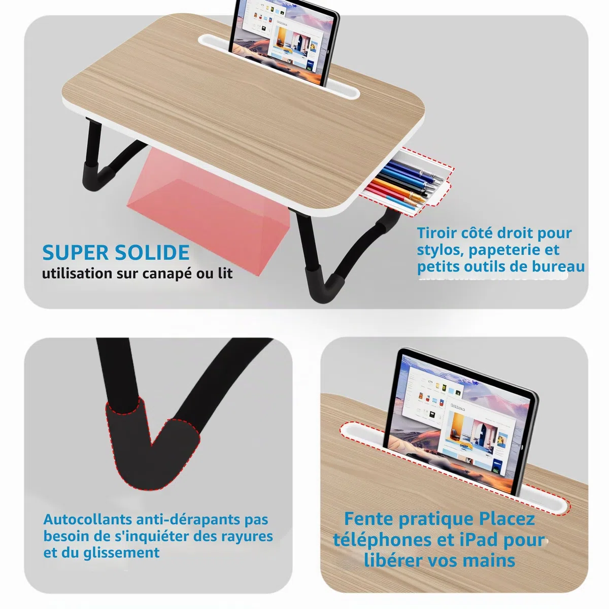 Table de lit - Petit Bureau de Genou 48 x 30 cm pour Petit-déjeuner au lit, études, Travail de Bureau, Jeux, écriture et Lecture. Table Plateau Support d'ordinateur Portable (Small Wood 48x30)