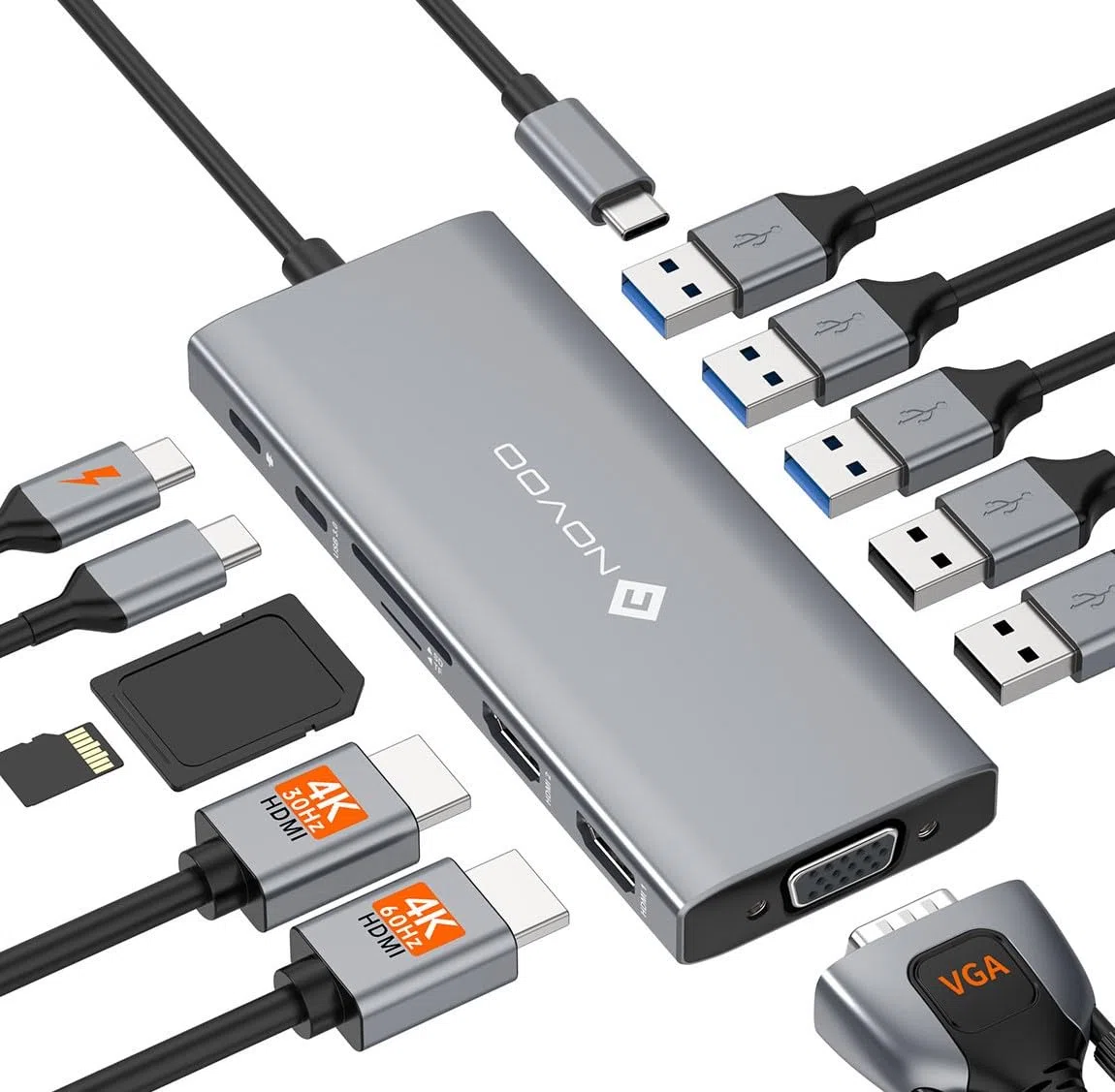 NOVOO Docking Station d'accueil USB C 12-en-1, Docking Station USB C, 2 HDMI, VGA, 5 USB Ports, 100W PD, Lecteur SD/TF, Compatible MacBook/Dell/HP/Surface