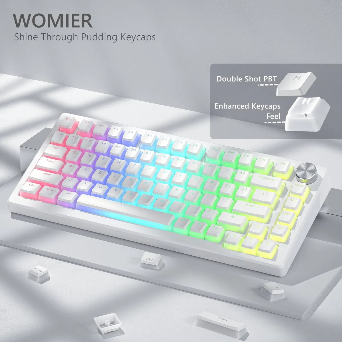 Womier Pudding, Touches PBT Blanches, 100% Clavier, 130 Touches, Touches Brillantes, Touches de Clavier personnalisées, Profil OEM pour commutateurs à Tige MX 100%, 75%, 65%, 60% - Blanc